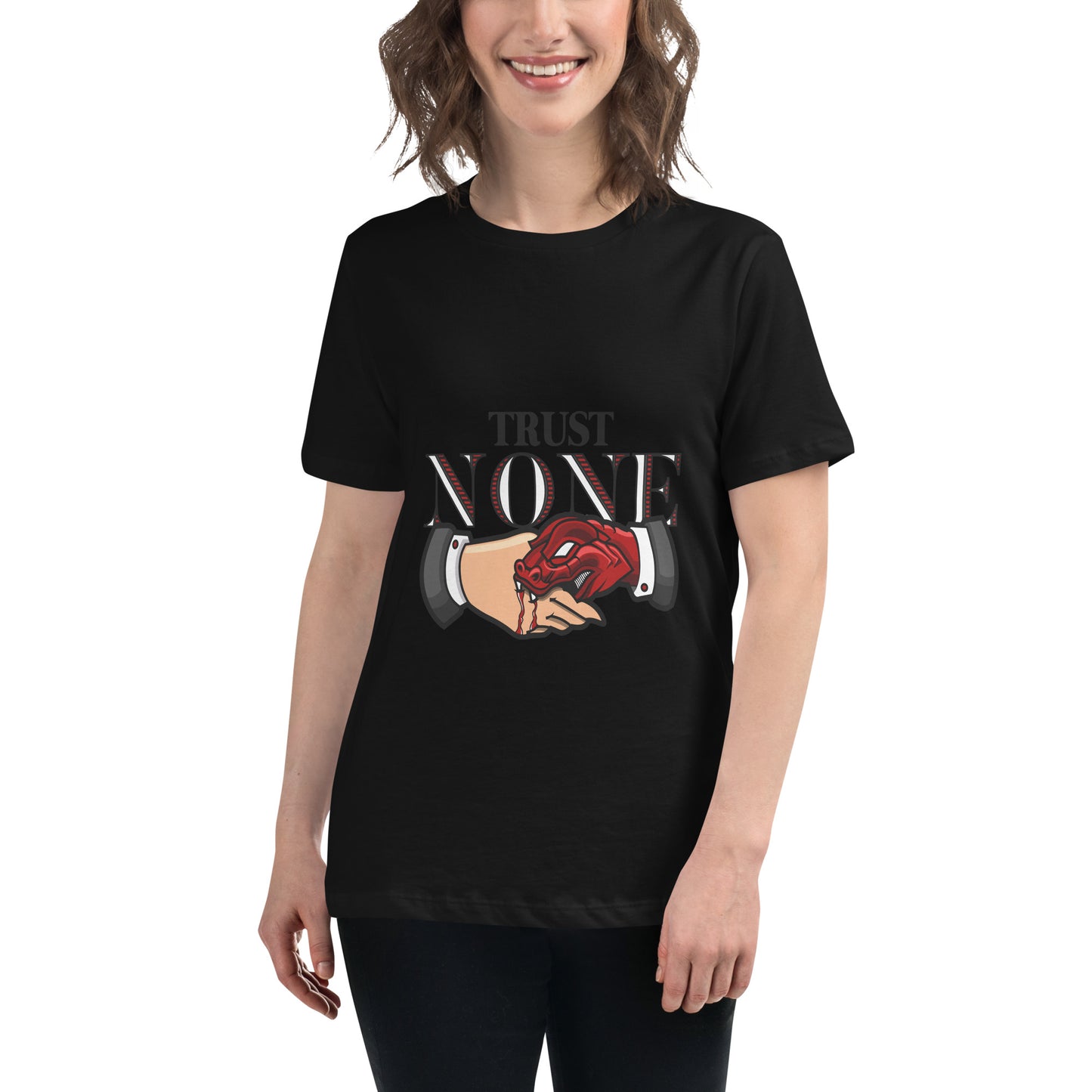 A bold “Trust None” streetwear graphic featuring a red snake biting through a handshake, printed with high-quality DTF printing in the UK.
