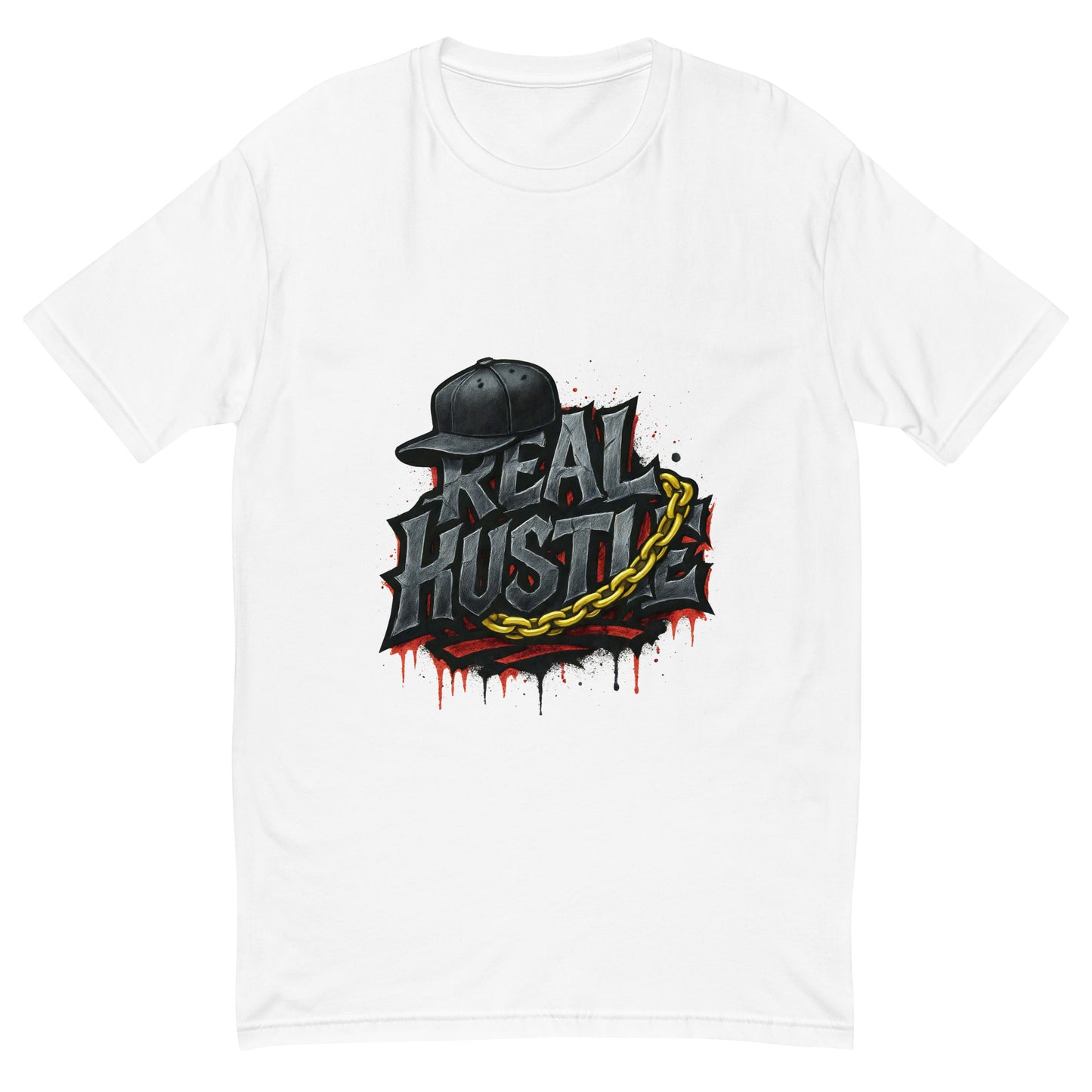 Real Hustle streetwear T shirt featuring cracked graffiti lettering, a snapback cap and gold chain artwork, printed with high quality DTF printing in the UK.
