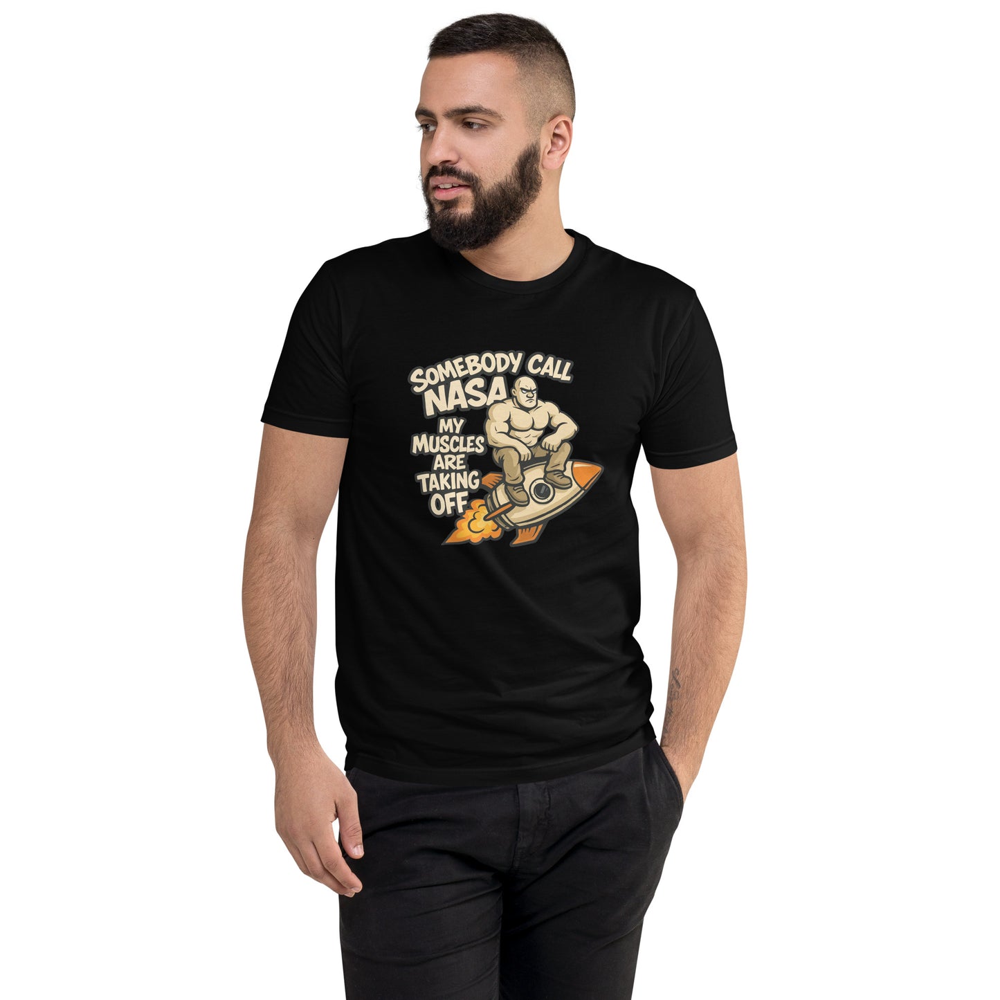 Somebody Call NASA My Muscles Are Taking Off T shirt design featuring a muscular cartoon character riding a rocket, created for funny gym apparel, fitness humour clothing and professionally printed with high quality DTF printing in the UK