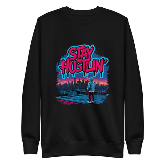 “Model wearing Stay Hustlin’ unisex sweatshirt in a city setting, showcasing streetwear style.”
