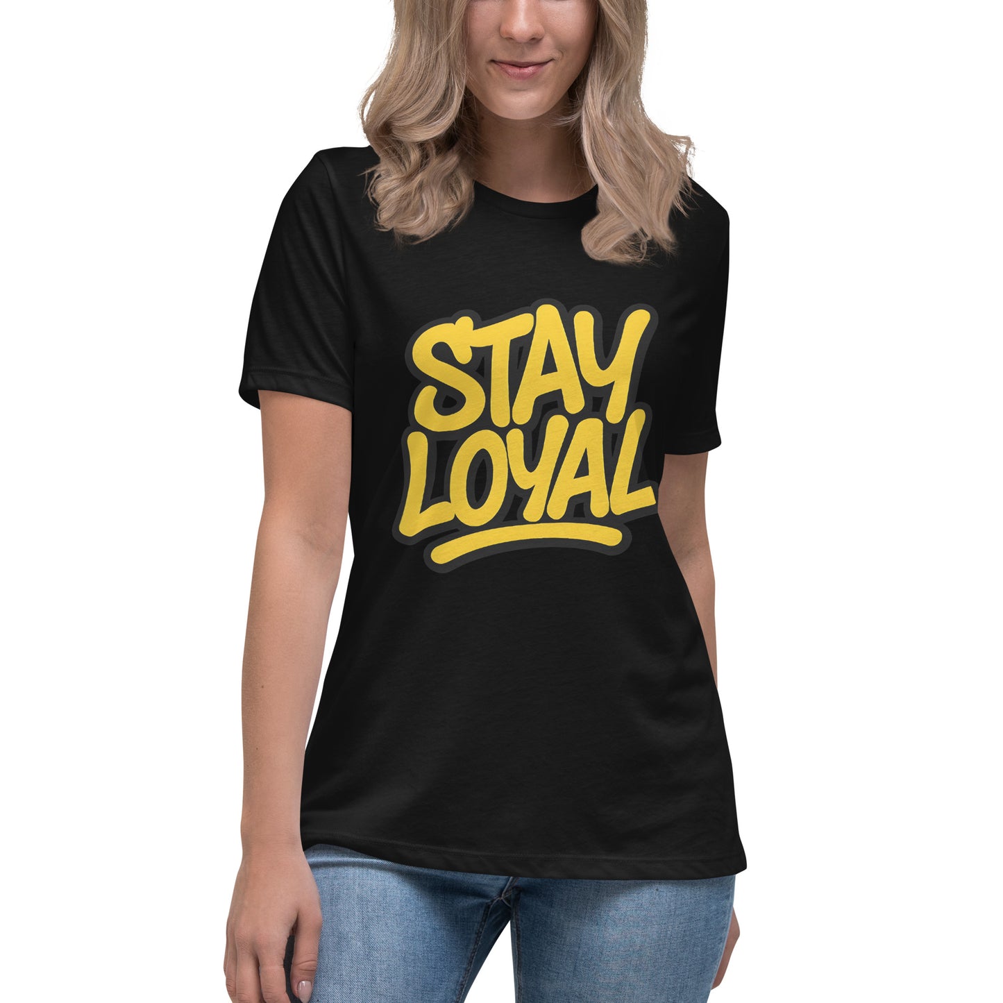 stay loyal printed t shirt with bold yellow slogan lettering and dripping street style graphic design