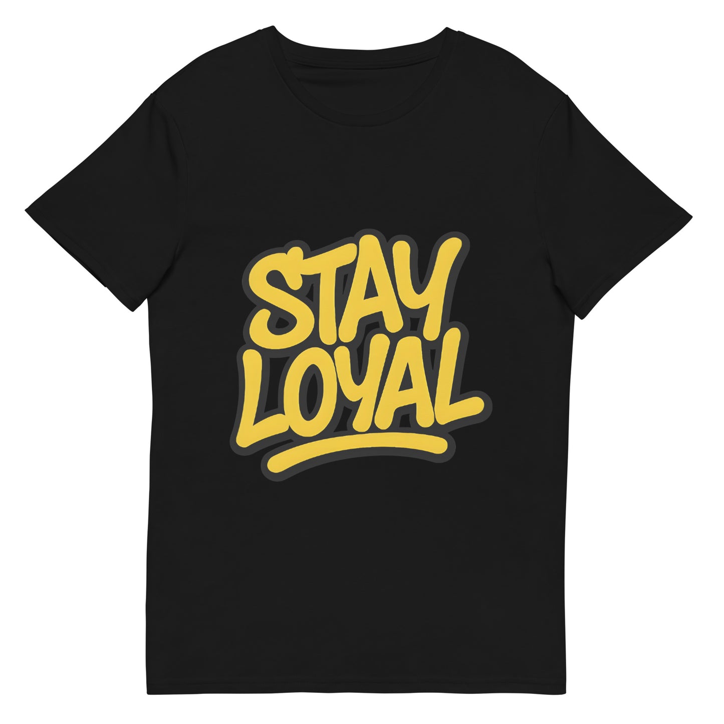 stay loyal printed t shirt with bold yellow slogan lettering and dripping street style graphic design