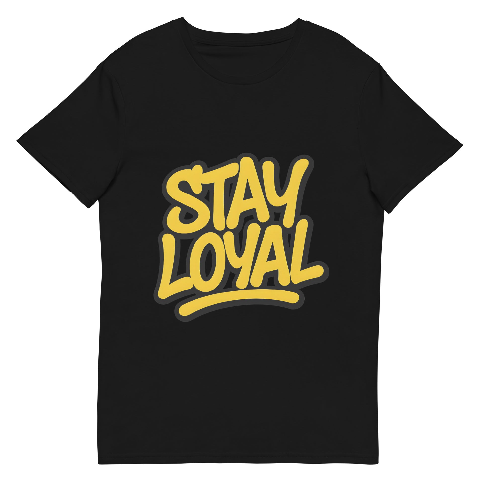 stay loyal printed t shirt with bold yellow slogan lettering and dripping street style graphic design