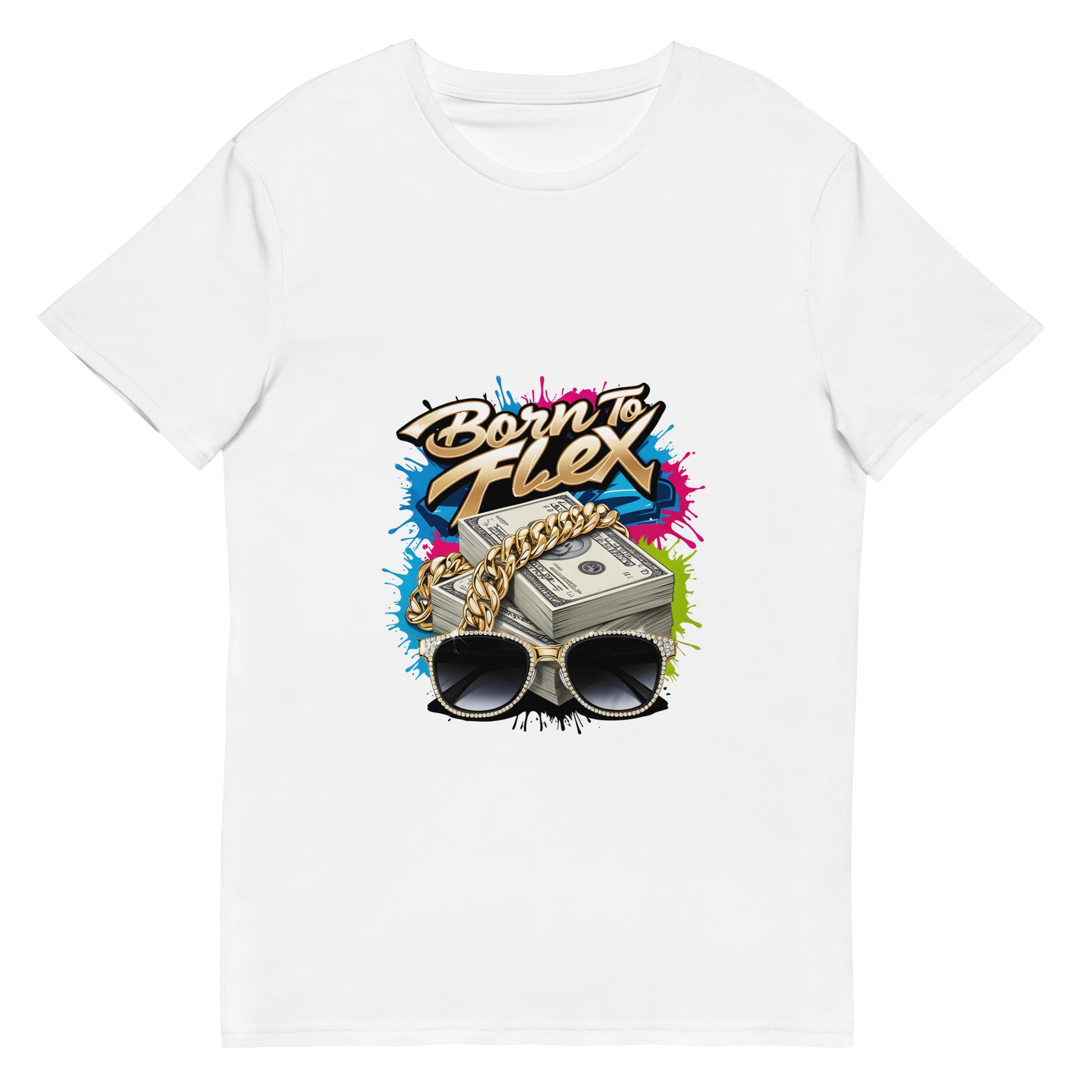 Born to Flex money graphic t-shirt design featuring cash, gold chain and sunglasses in bold streetwear style.

