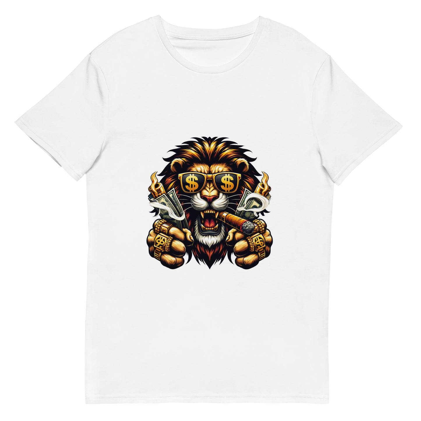 A fierce gangster lion wearing gold jewellery and dollar-sign sunglasses while smoking a cigar, illustrated in a bold streetwear graphic style for a vibrant T-shirt design