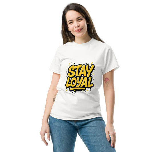 Stay Loyal yellow graffiti style text graphic for T shirt design