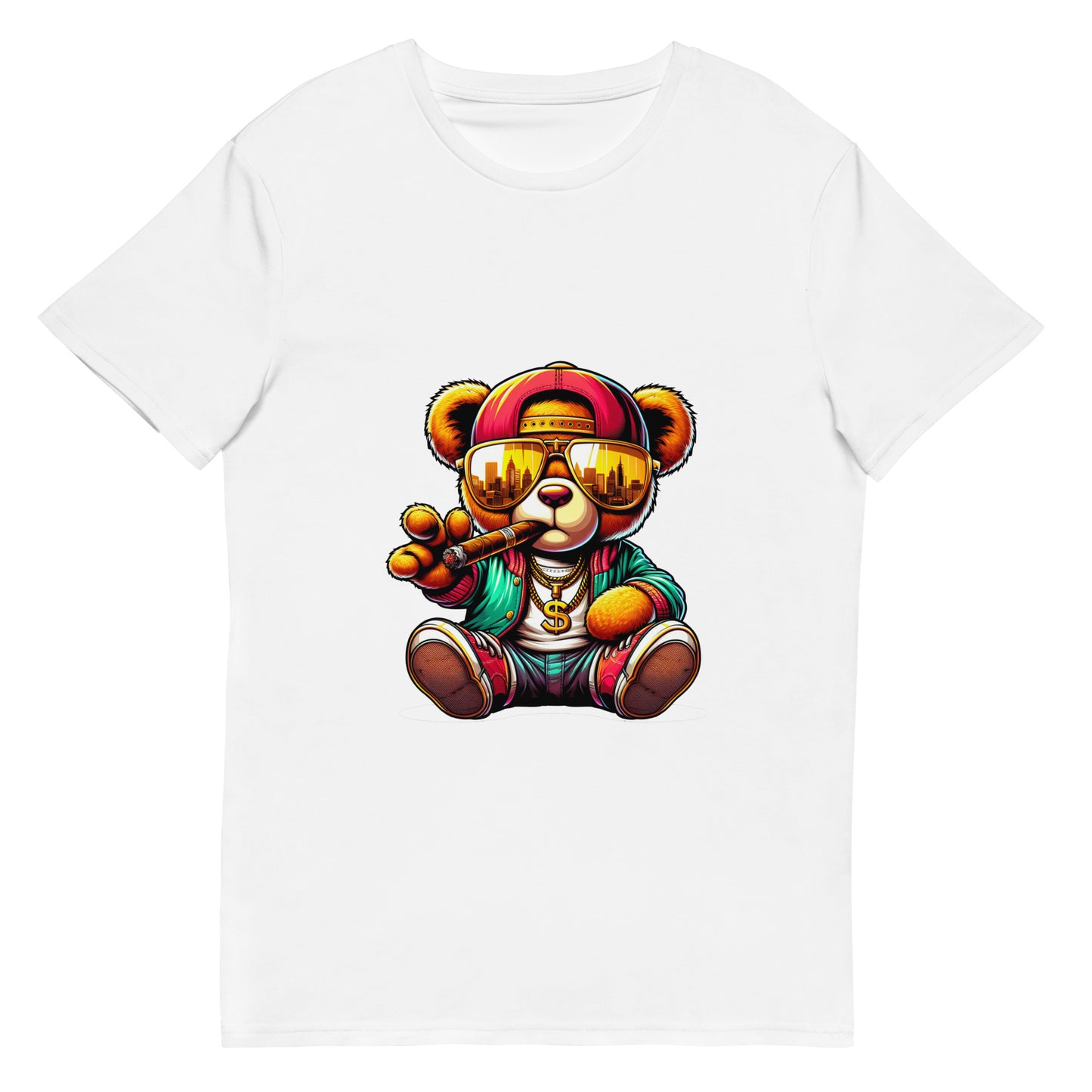 A stylish gangster teddy bear wearing gold chains, sunglasses and a cap while holding a cigar in a vibrant streetwear cartoon design.
