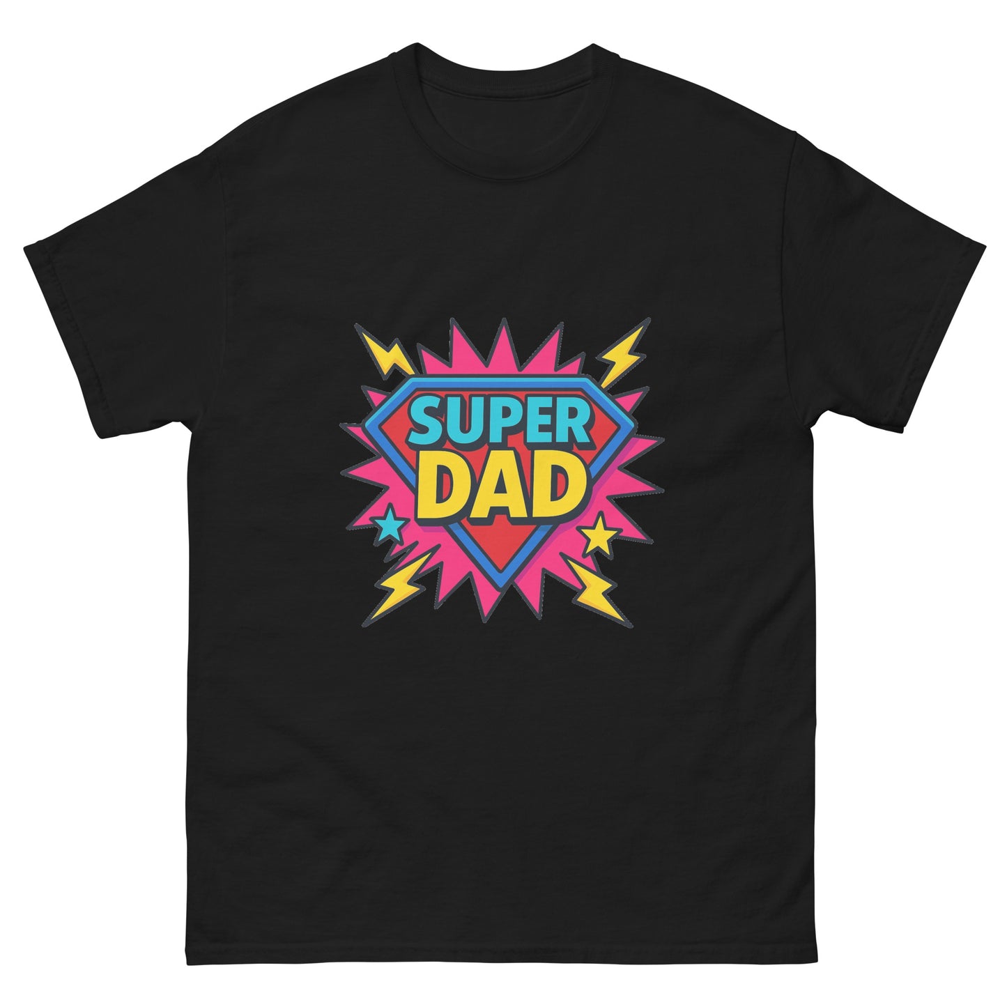 super dad printed t shirt with bold superhero shield graphic, colourful comic style design and lightning bolt details celebrating fatherhood