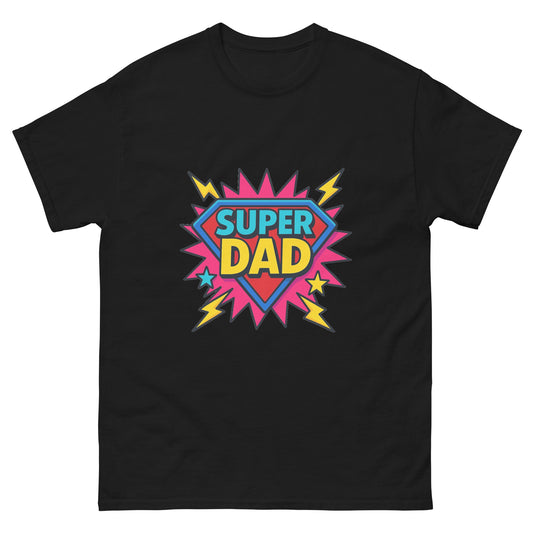 super dad printed t shirt with bold superhero shield graphic, colourful comic style design and lightning bolt details celebrating fatherhood