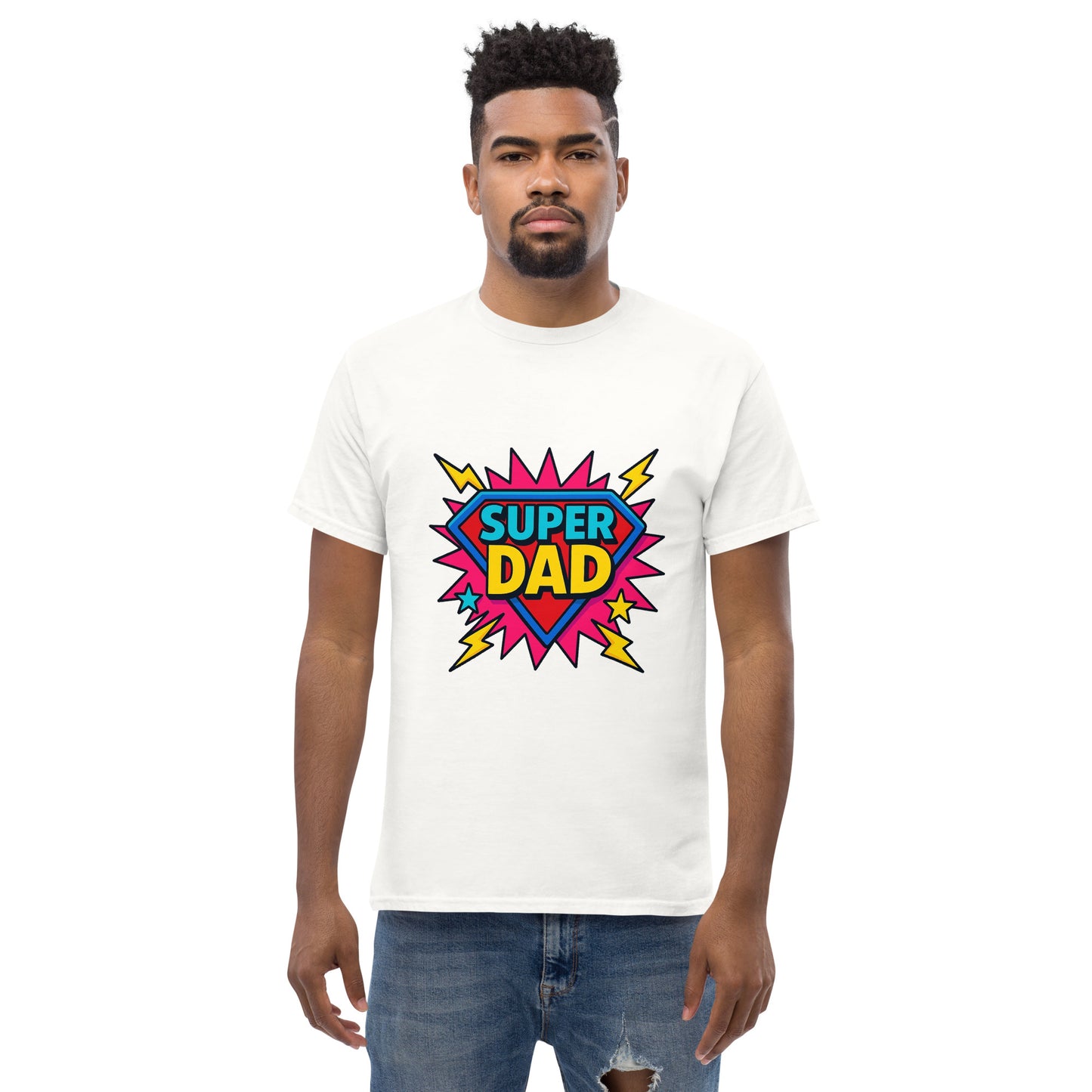 super dad printed t shirt with bold superhero shield graphic, colourful comic style design and lightning bolt details celebrating fatherhood