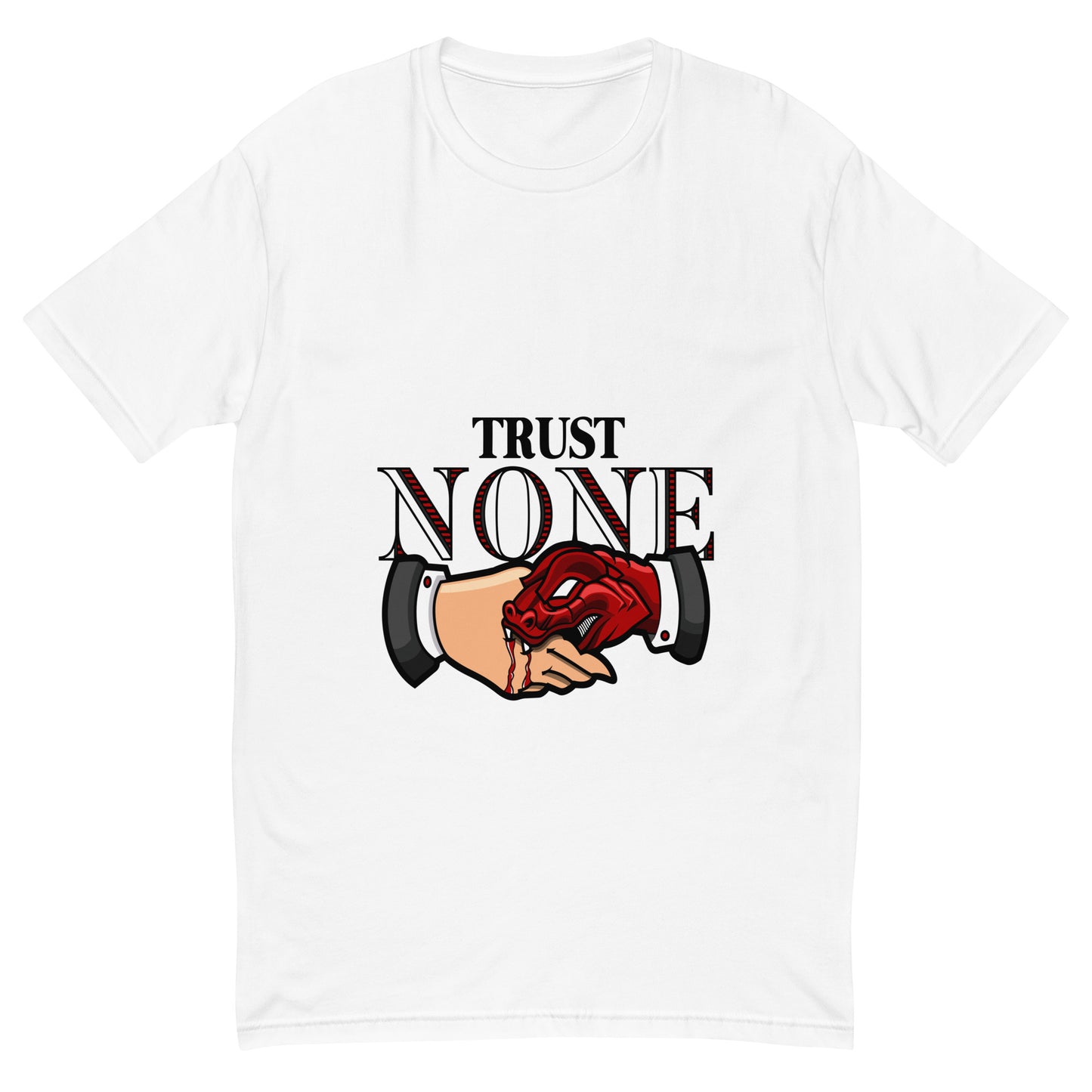 A bold “Trust None” streetwear graphic featuring a red snake biting through a handshake, printed with high-quality DTF printing in the UK.
