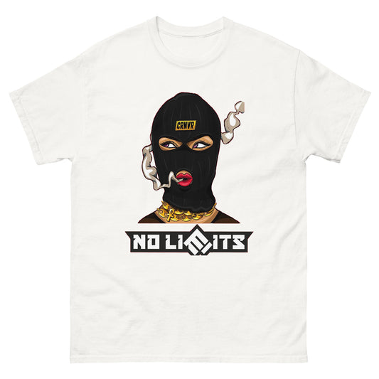 No Limits female masked character t-shirt design with bold text, smoke detail, and gold jewellery. 

