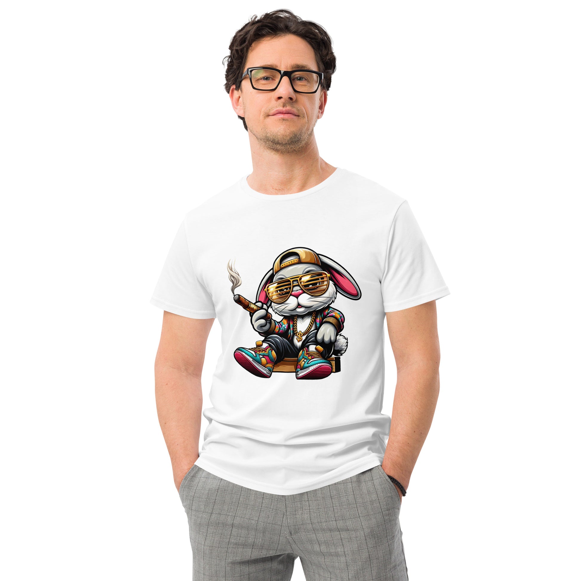 Gangster Bunny graphic T-shirt design with sunglasses, cigar and streetwear style printed using high-quality DTF printing in the UK.