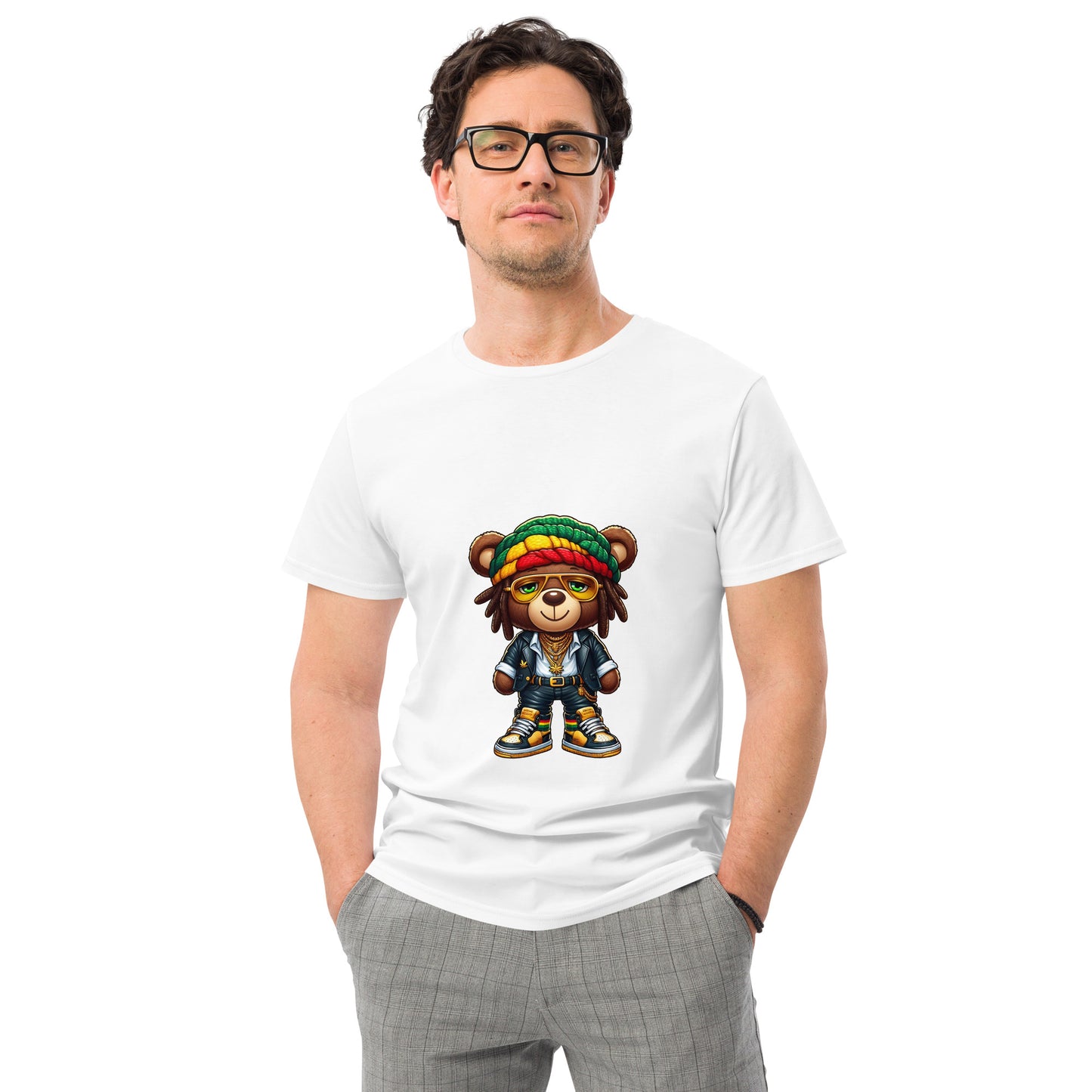Rasta Bear T shirt featuring a colourful reggae-inspired cartoon bear in bold streetwear, ideal for fans of reggae culture and urban fashion and printed with high quality DTF printing in the UK.
