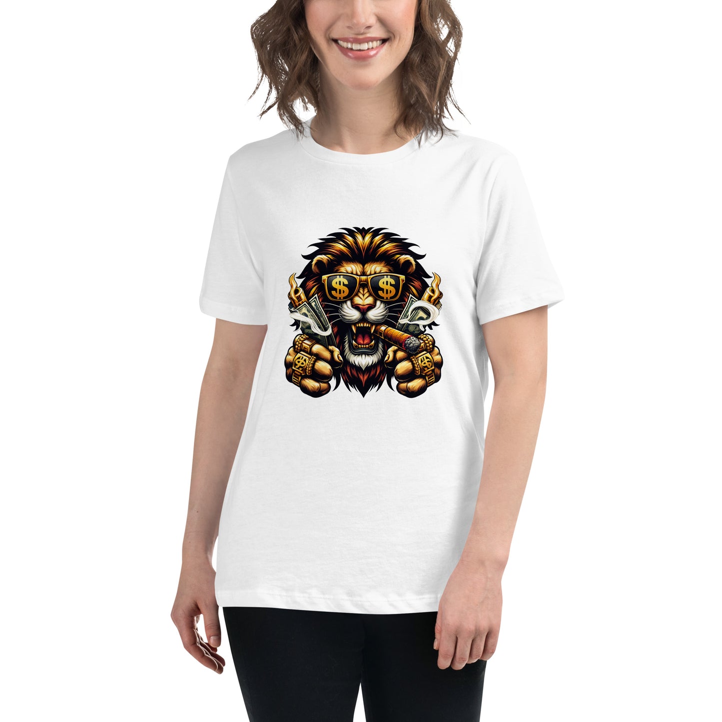 A fierce gangster lion wearing gold jewellery and dollar-sign sunglasses while smoking a cigar, illustrated in a bold streetwear graphic style for a vibrant T-shirt design
