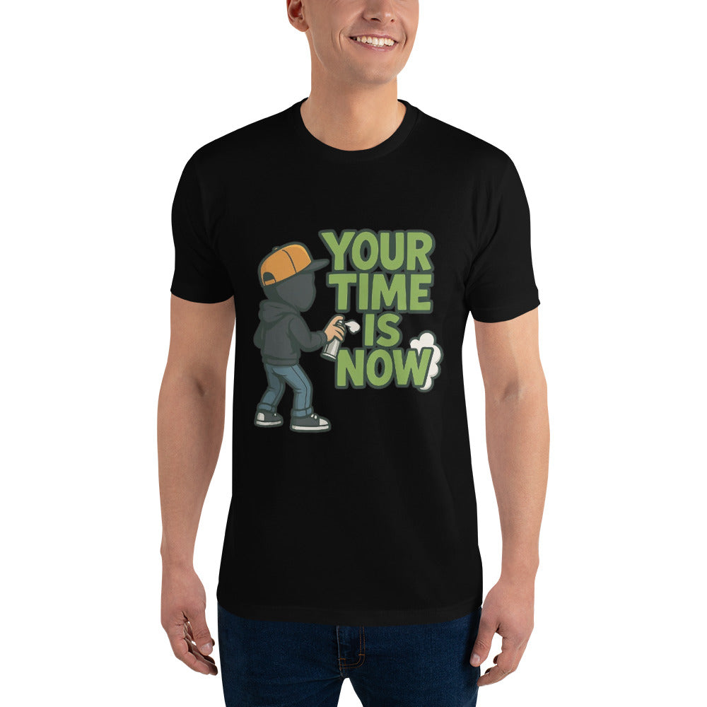 Your Time Is Now T shirt design featuring a graffiti-style motivational message and a hooded street artist with a spray can, perfect for inspirational streetwear, urban mindset apparel and professionally printed with high quality DTF printing in the UK
