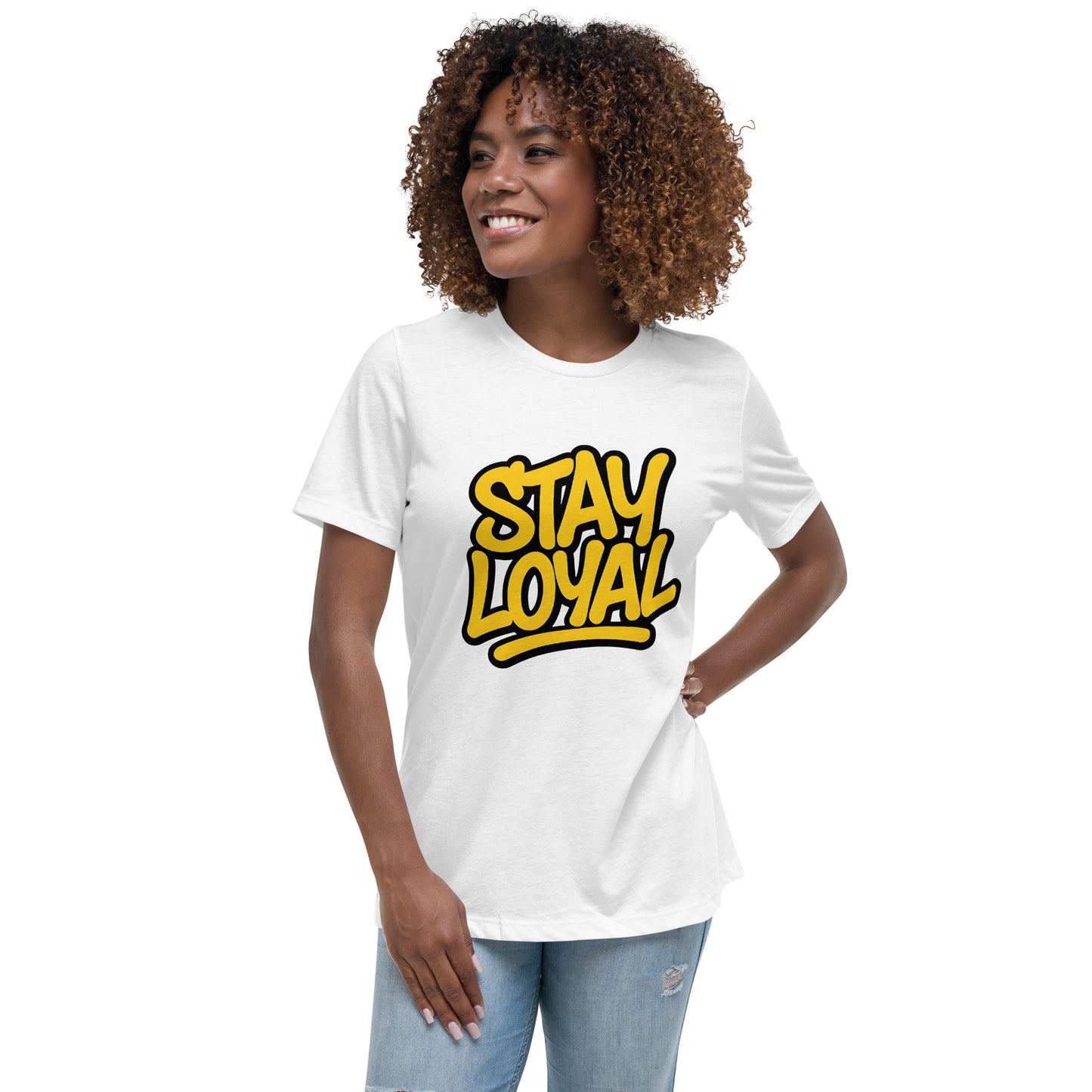 stay loyal printed t shirt with bold yellow slogan lettering and dripping street style graphic design