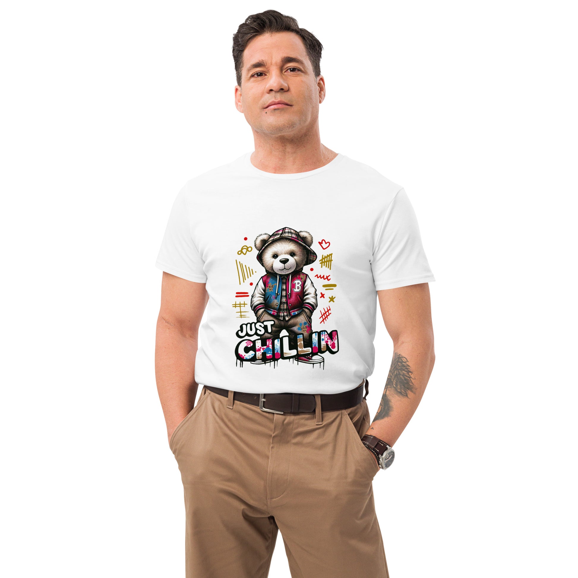 A cute streetwear teddy bear graphic with bright colours and urban lettering, printed using high-quality DTF printing in the UK.
