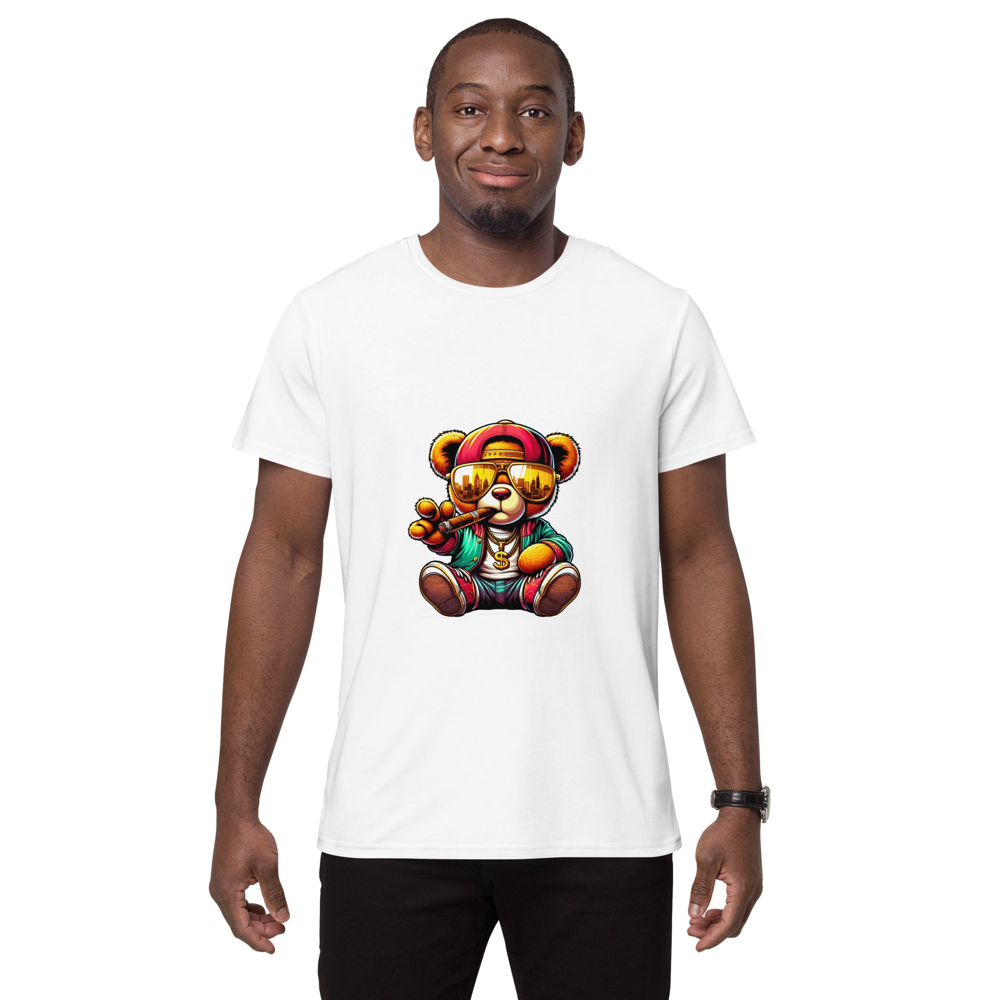 A stylish gangster teddy bear wearing gold chains, sunglasses and a cap while holding a cigar in a vibrant streetwear cartoon design.