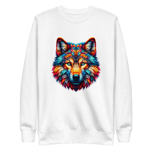 White graphic sweatshirt with wolf artwork – unisex streetwear UK