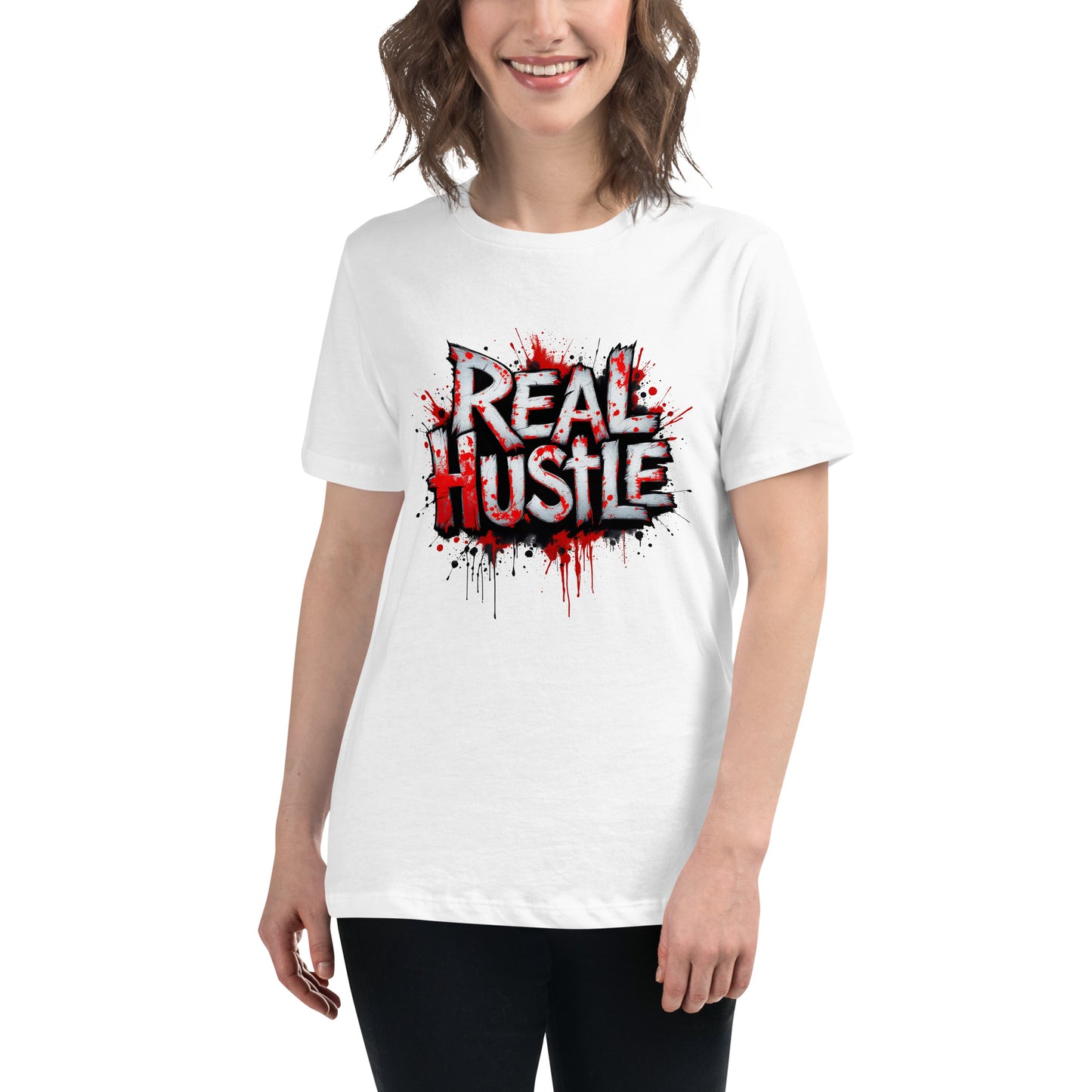 real hustle printed t shirt with graffiti style lettering, paint splatter effects and bold urban street art graphic