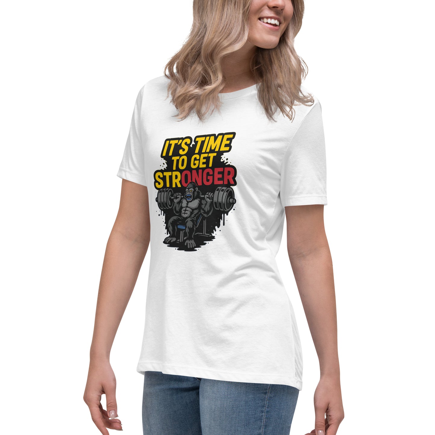 Angry gorilla lifting weights with 'It’s Time to Get Stronger' text design

