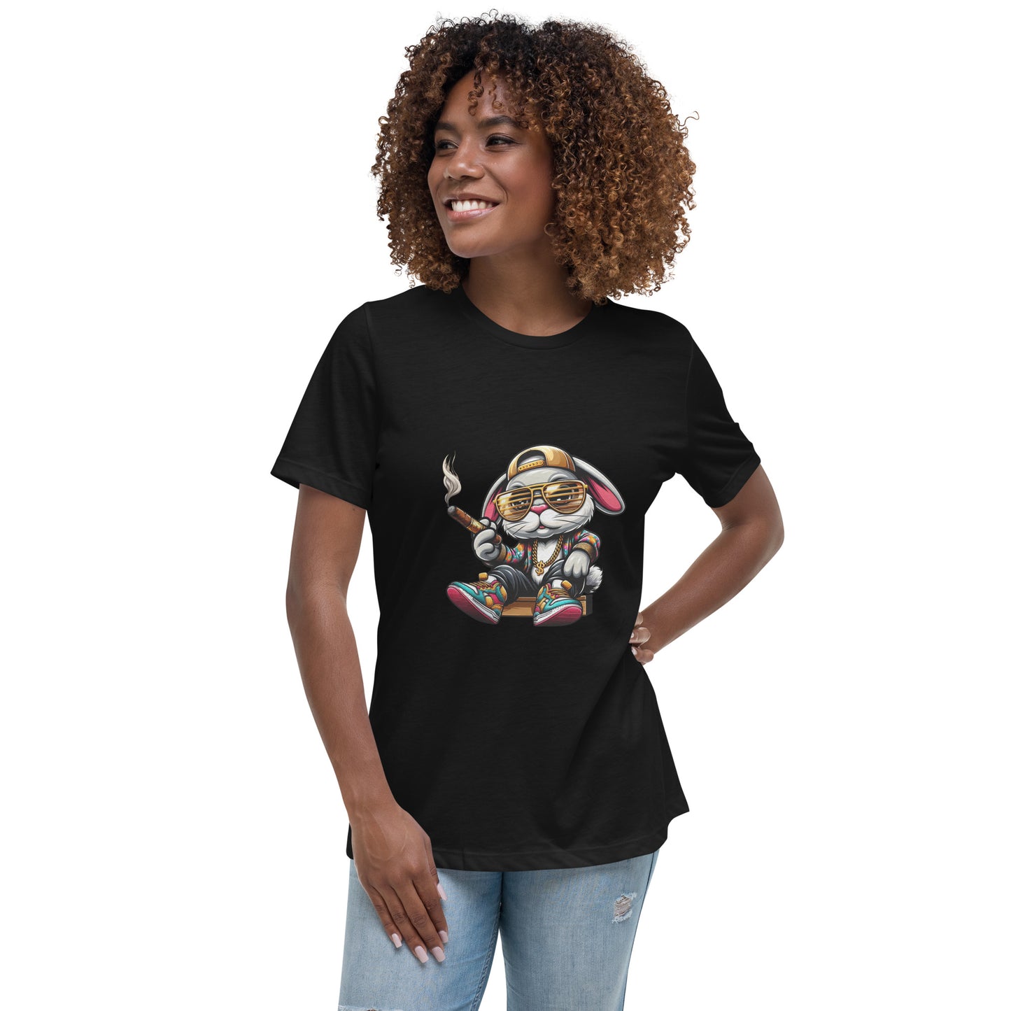Stand out with this Gangster Bunny streetwear T-shirt featuring bold cartoon style, gold chains and sunglasses. High-quality DTF printing with fast UK delivery.
