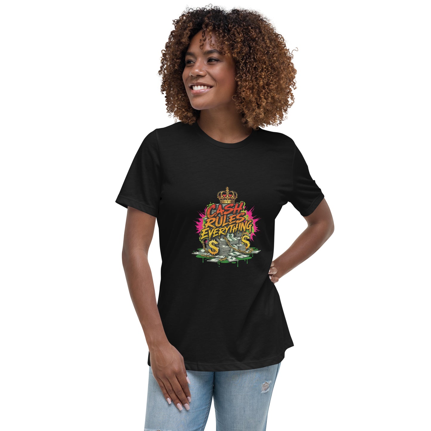 A bold “Cash Rules Everything” streetwear graphic featuring money stacks, chains and a crown, printed with high-quality DTF printing in the UK.
