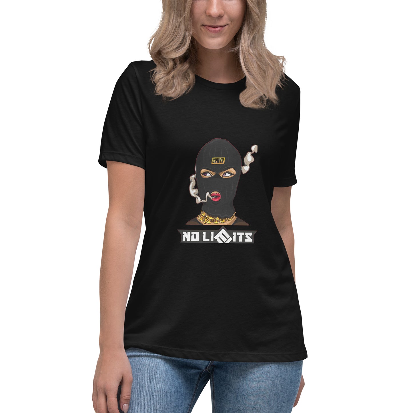 No Limits female masked character t-shirt design with bold text, smoke detail, and gold jewellery. 

