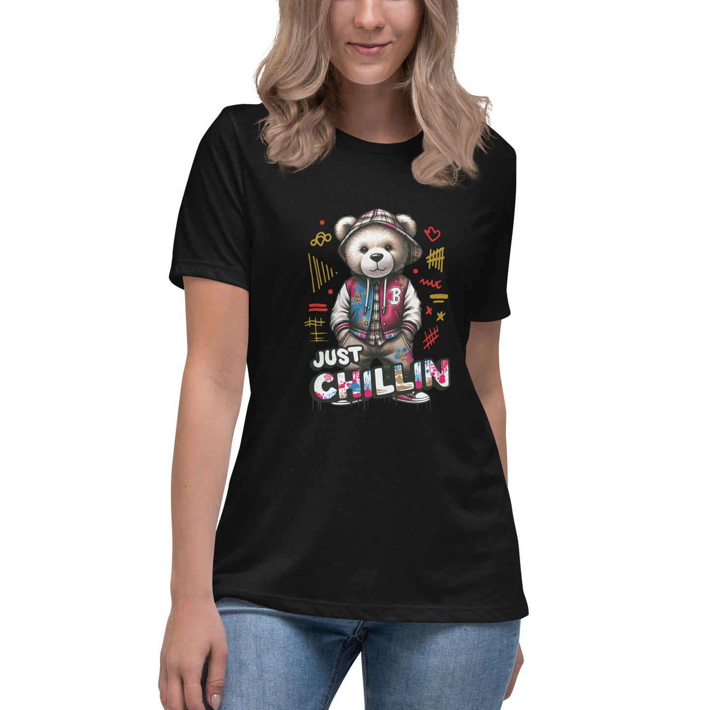 Just Chillin T-shirt with cartoon bear in streetwear and graffiti elements

