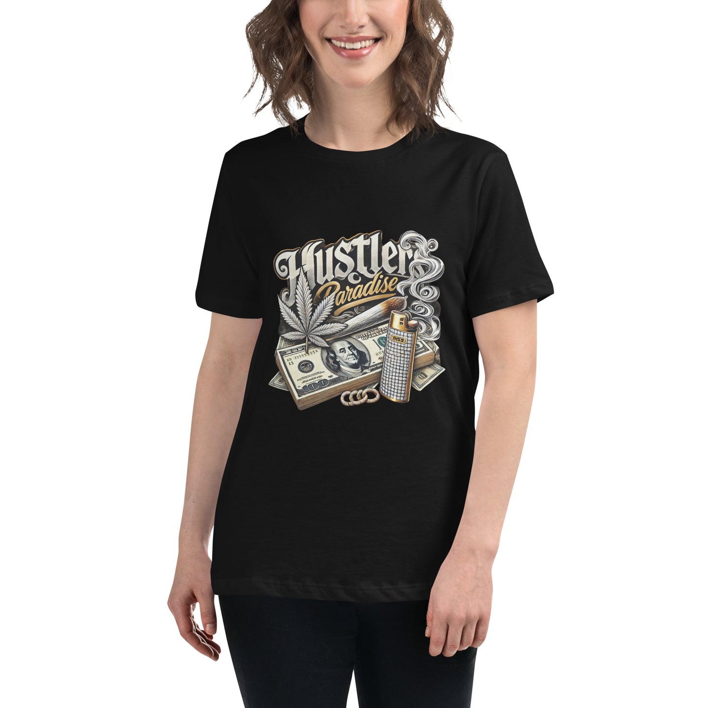 "Hustler's Paradise 420 graphic design with cash, weed leaf, smoke, and diamond lighter on black"

