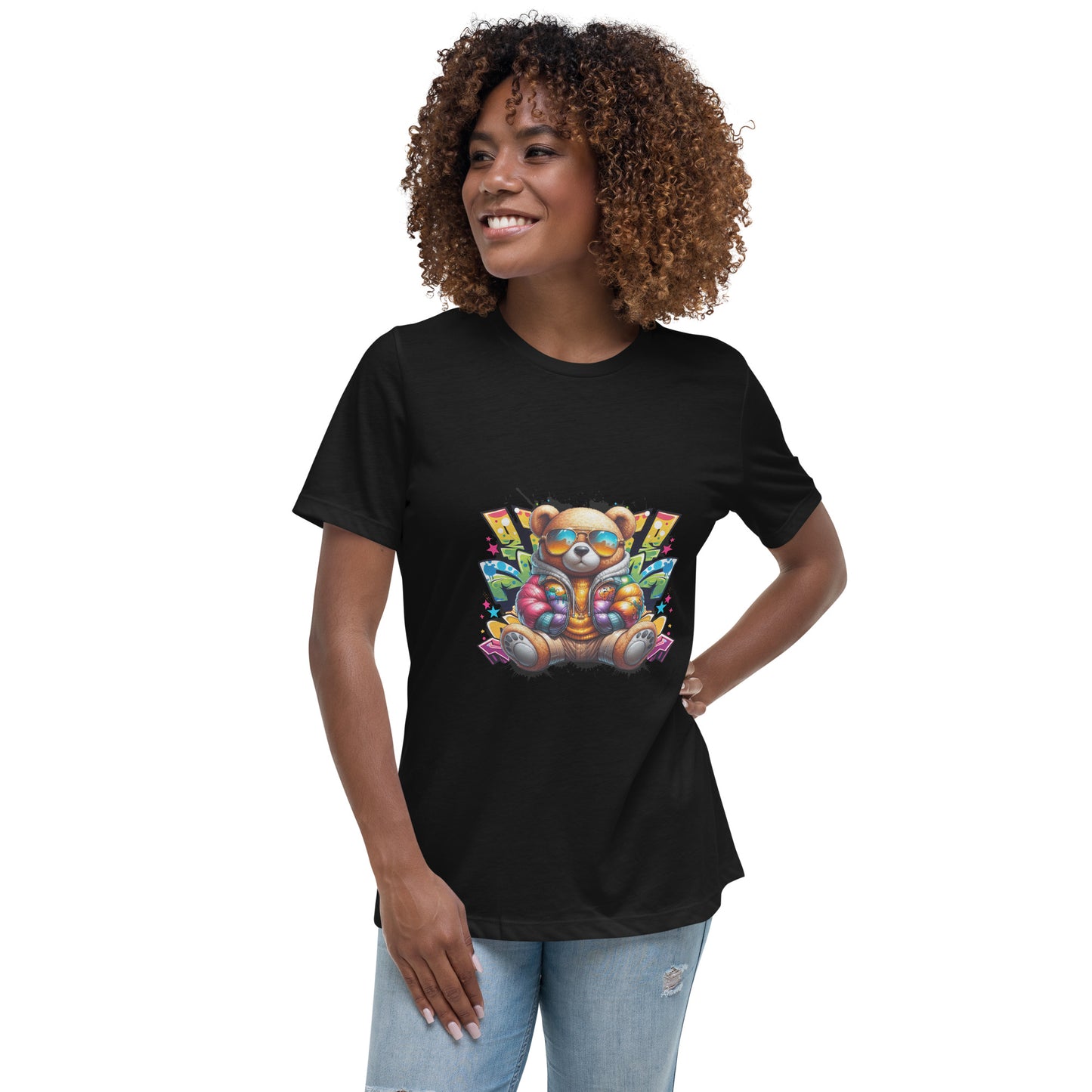 Cartoon bear with colourful jacket and sunglasses in graffiti background.

