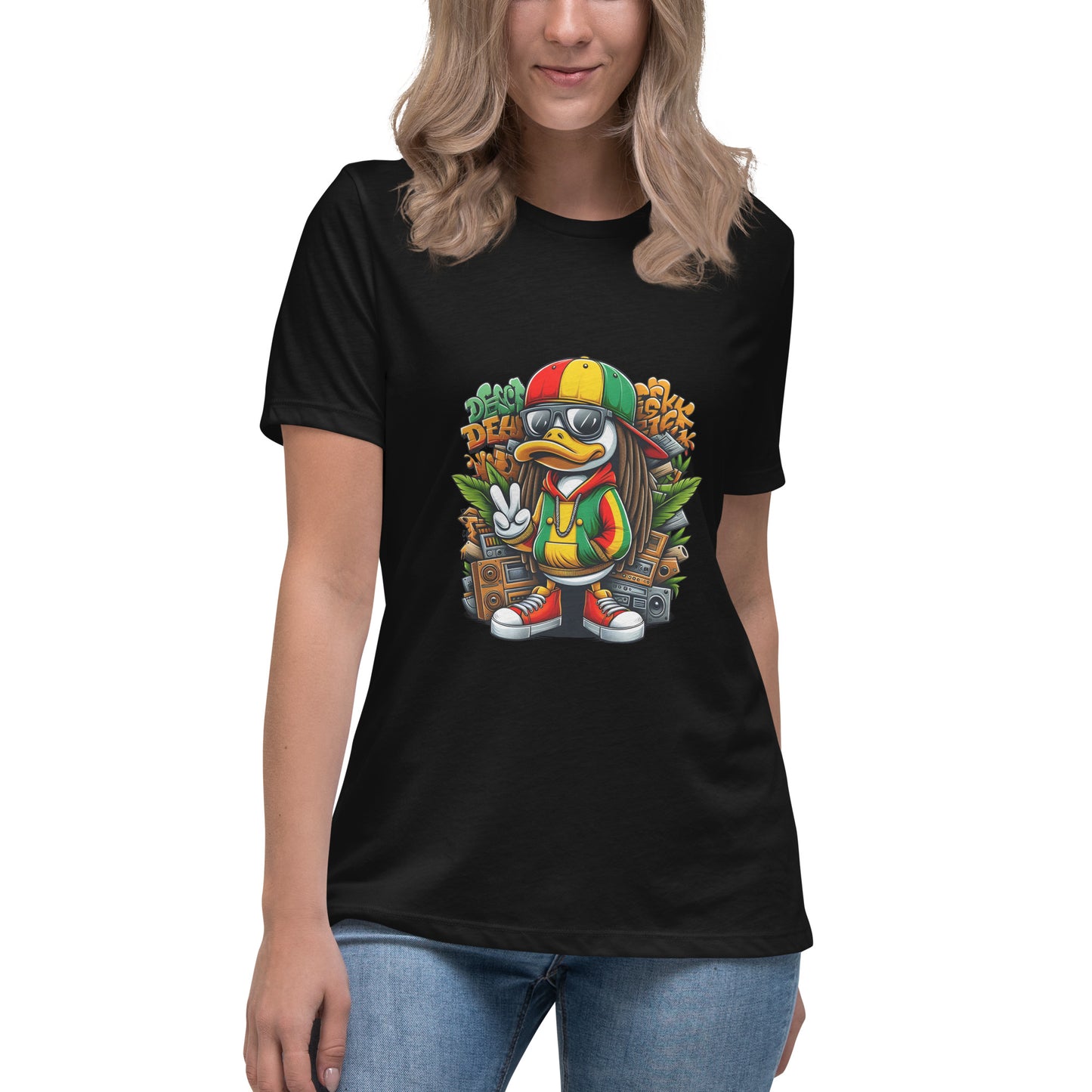 Cartoon reggae duck wearing rasta colours with boom box and peace sign

