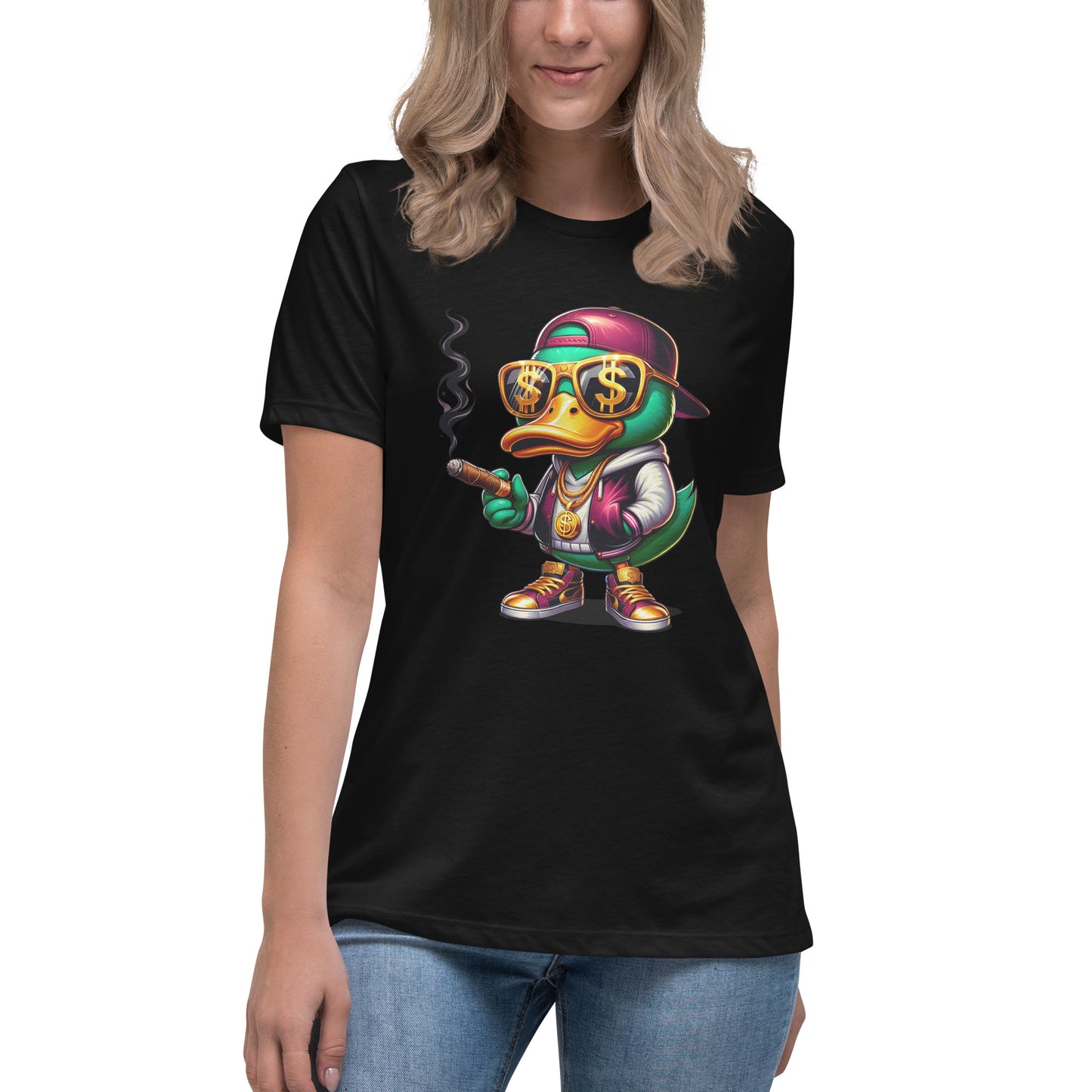 cartoon duck wearing gold chains dollar glasses smoking cigar graphic t-shirt

