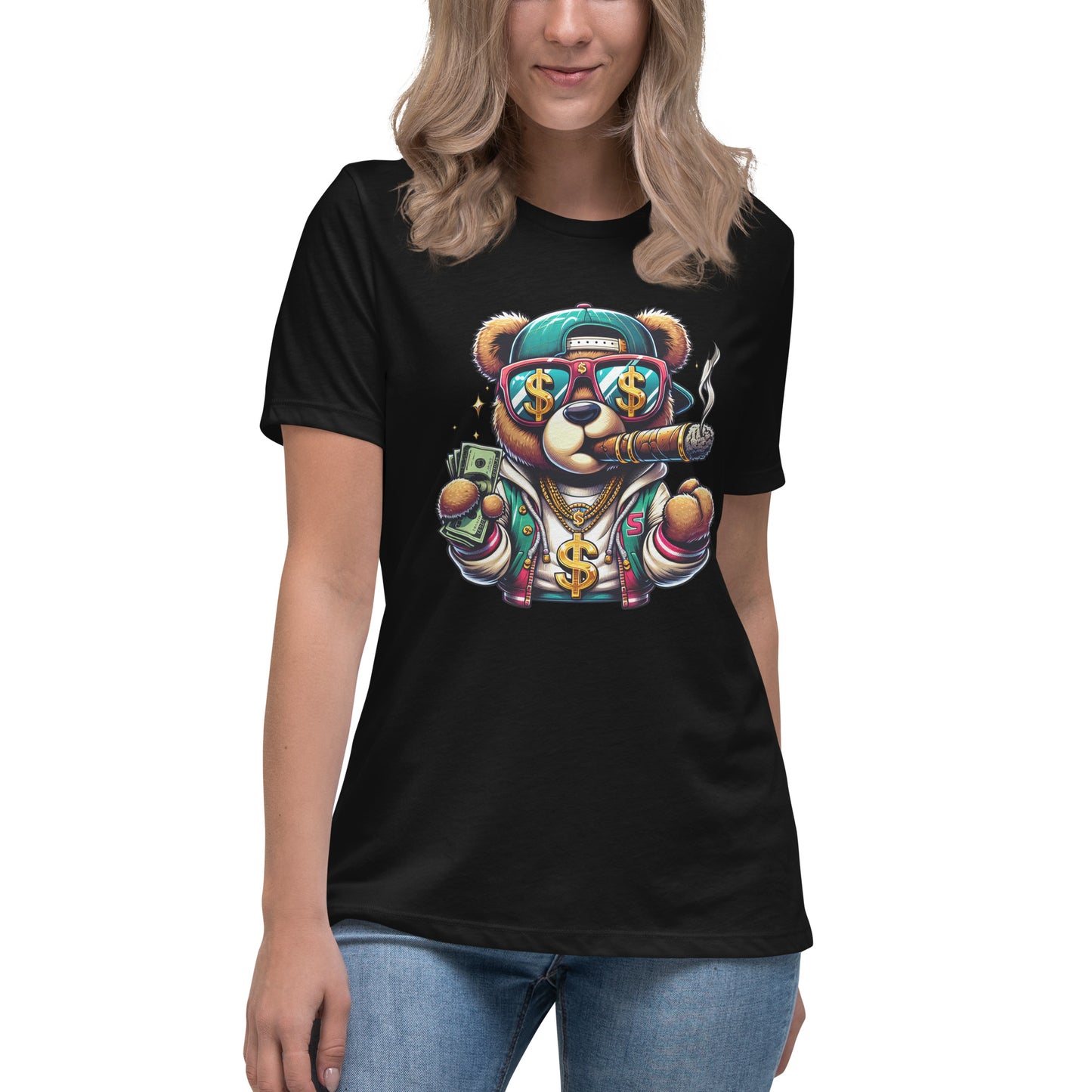 cartoon bear holding money wearing gold chains smoking cigar graphic t-shirt

