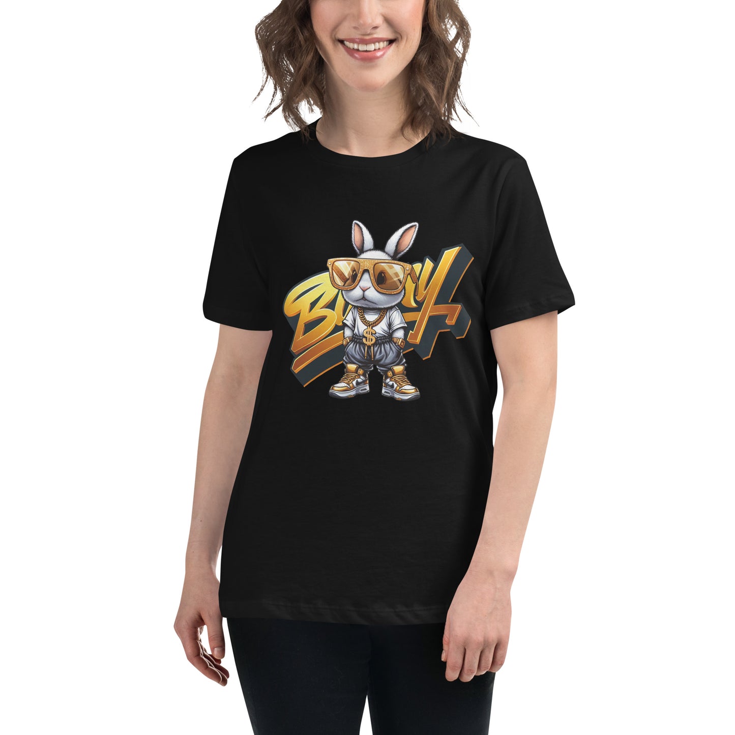 Cartoon bunny in gold sunglasses and chains, dressed in hip hop streetwear with gold shoes.

