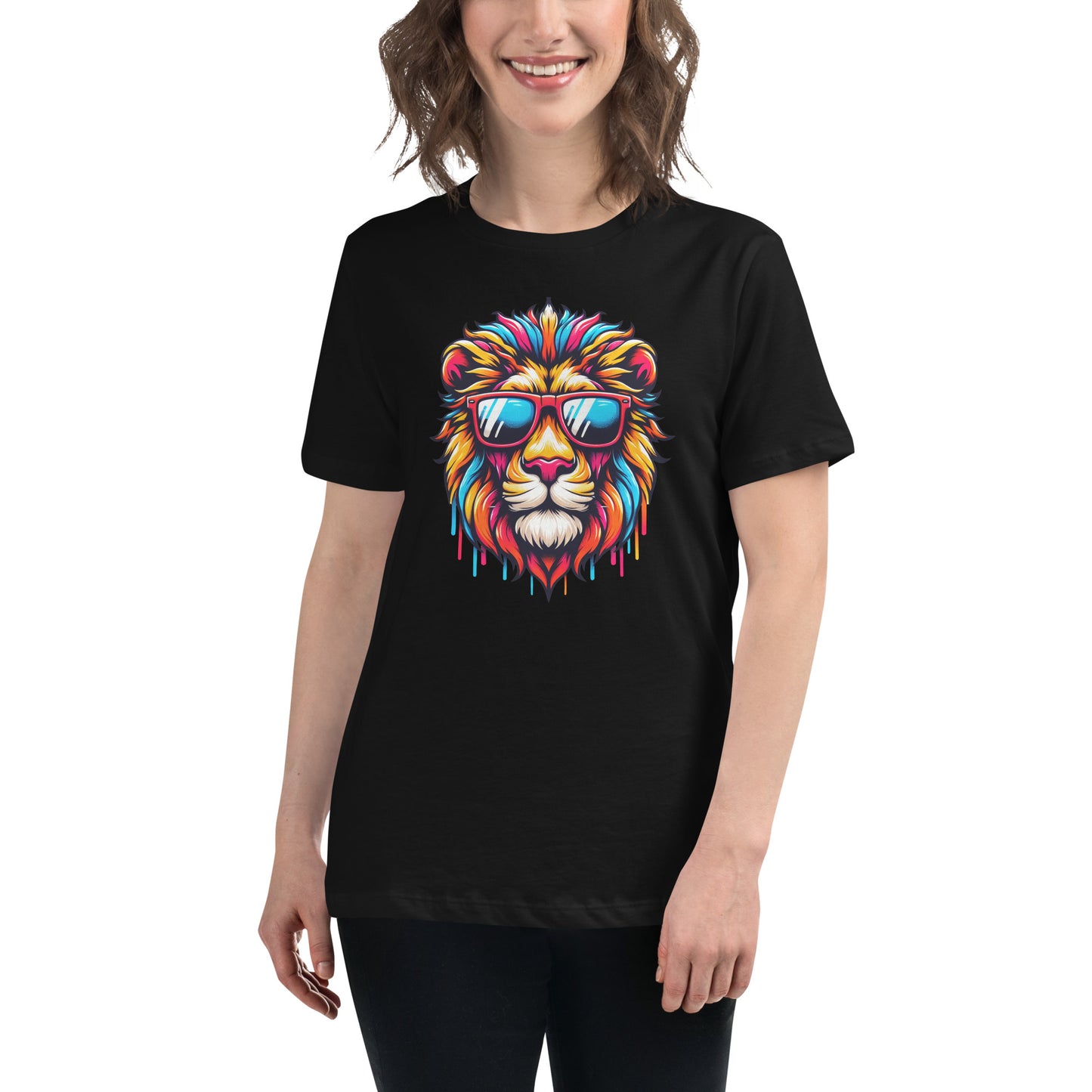 Colourful lion head with sunglasses and paint drip graphic.