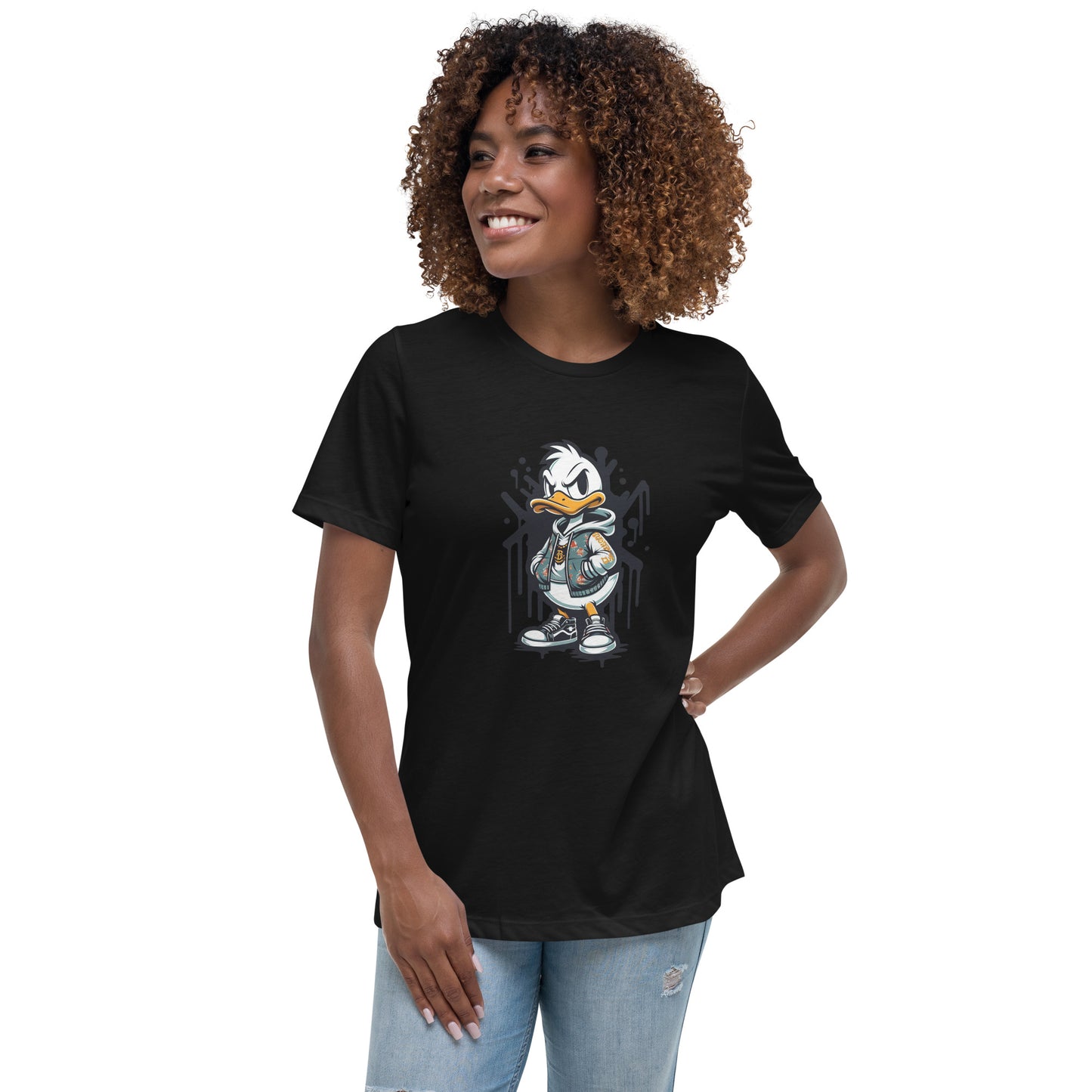 "Urban cartoon duck wearing hoodie and sneakers with street style attitude"


