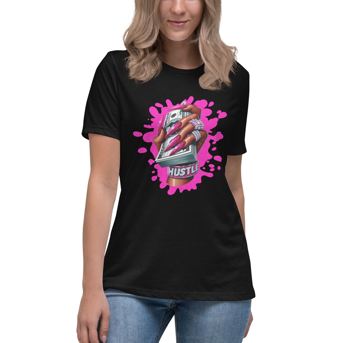 Graphic t-shirt design of a stylish hand with pink nails holding cash, wearing diamond rings, with the word “Hustle” and pink splatter background