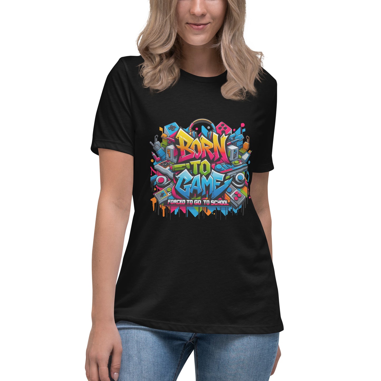 Born to Game graffiti t-shirt with colorful gaming-themed artwork, worn by female model
