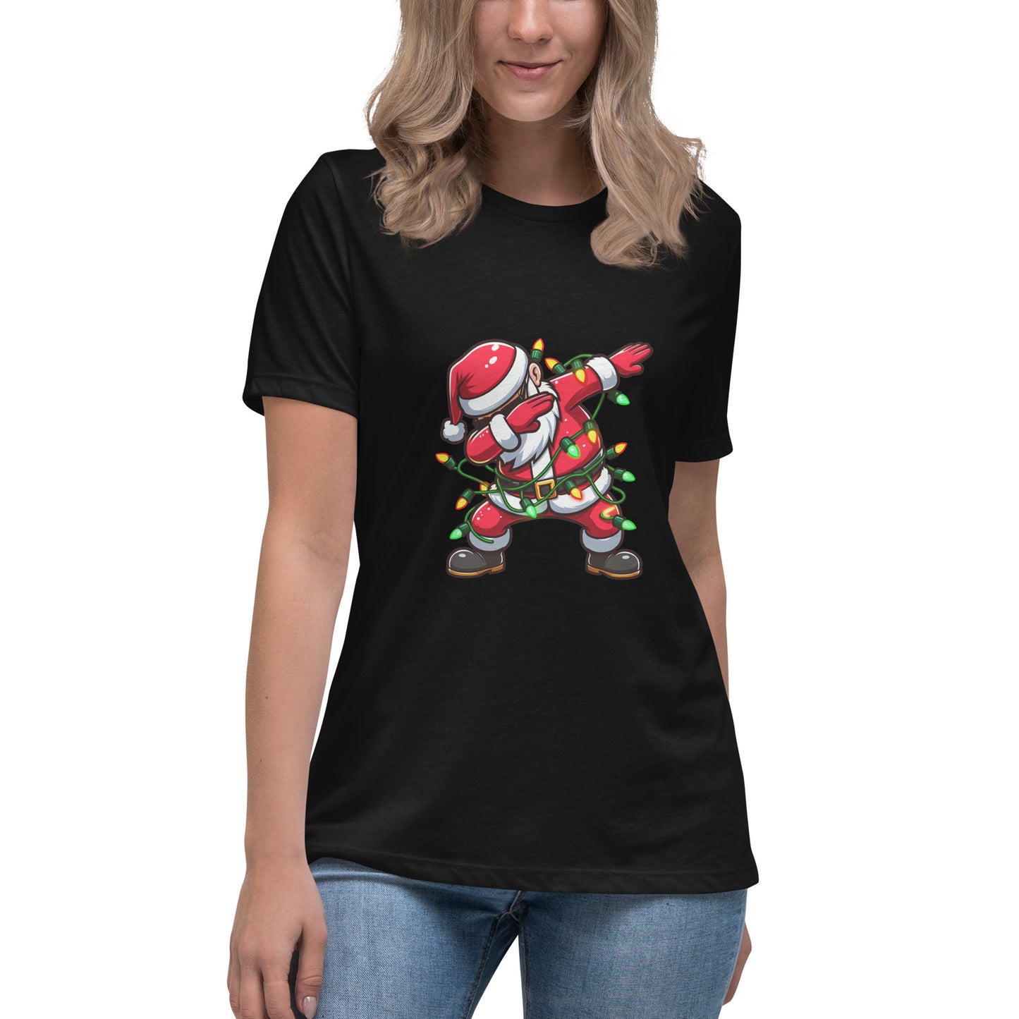 Funny Christmas t-shirt with Santa Claus dabbing and wrapped in colourful fairy lights


