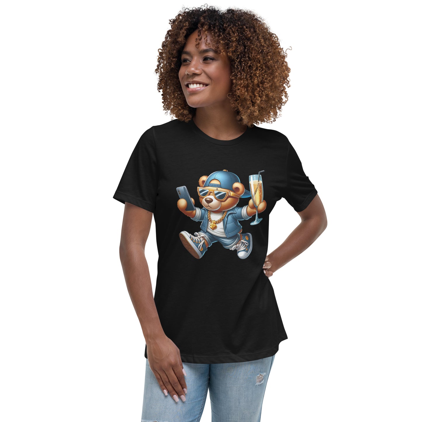 Cool bear graphic on t-shirt holding champagne and phone, wearing streetwear and shades.
