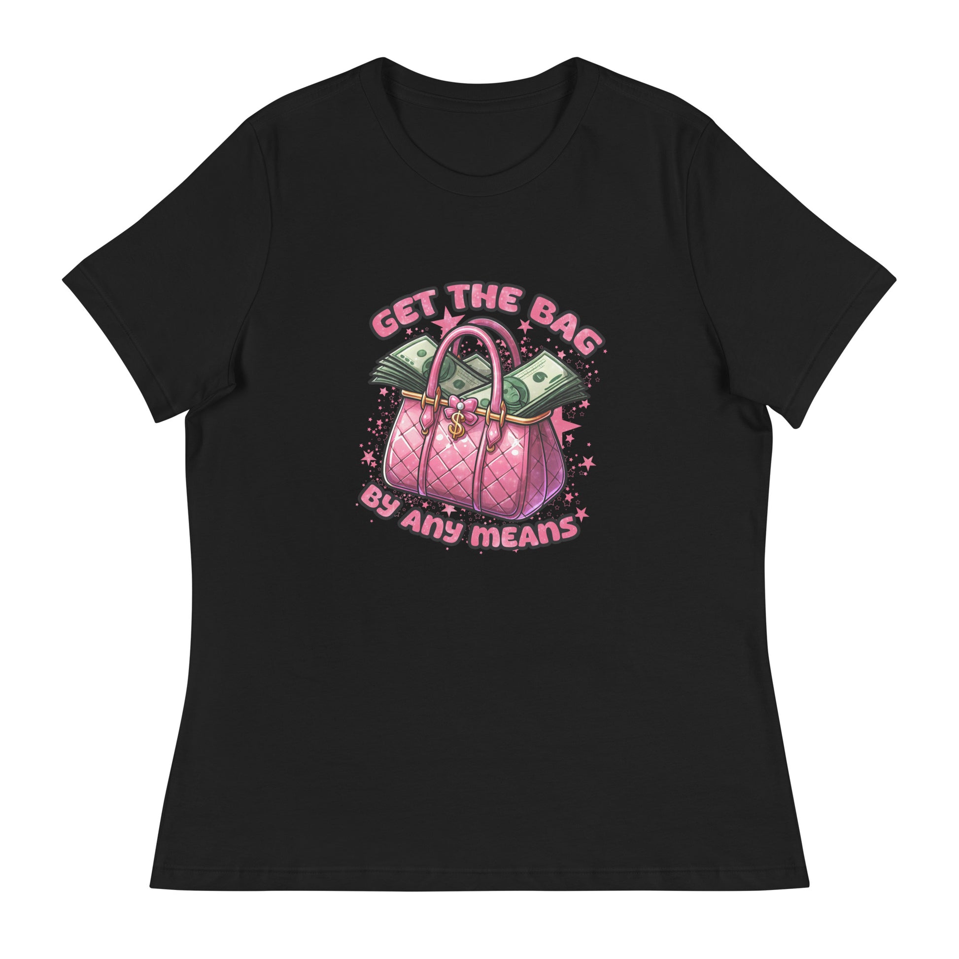 Pink luxury handbag filled with stacks of money, surrounded by sparkling stars, with the bold phrase "Get the Bag By Any Means" in playful pink lettering.