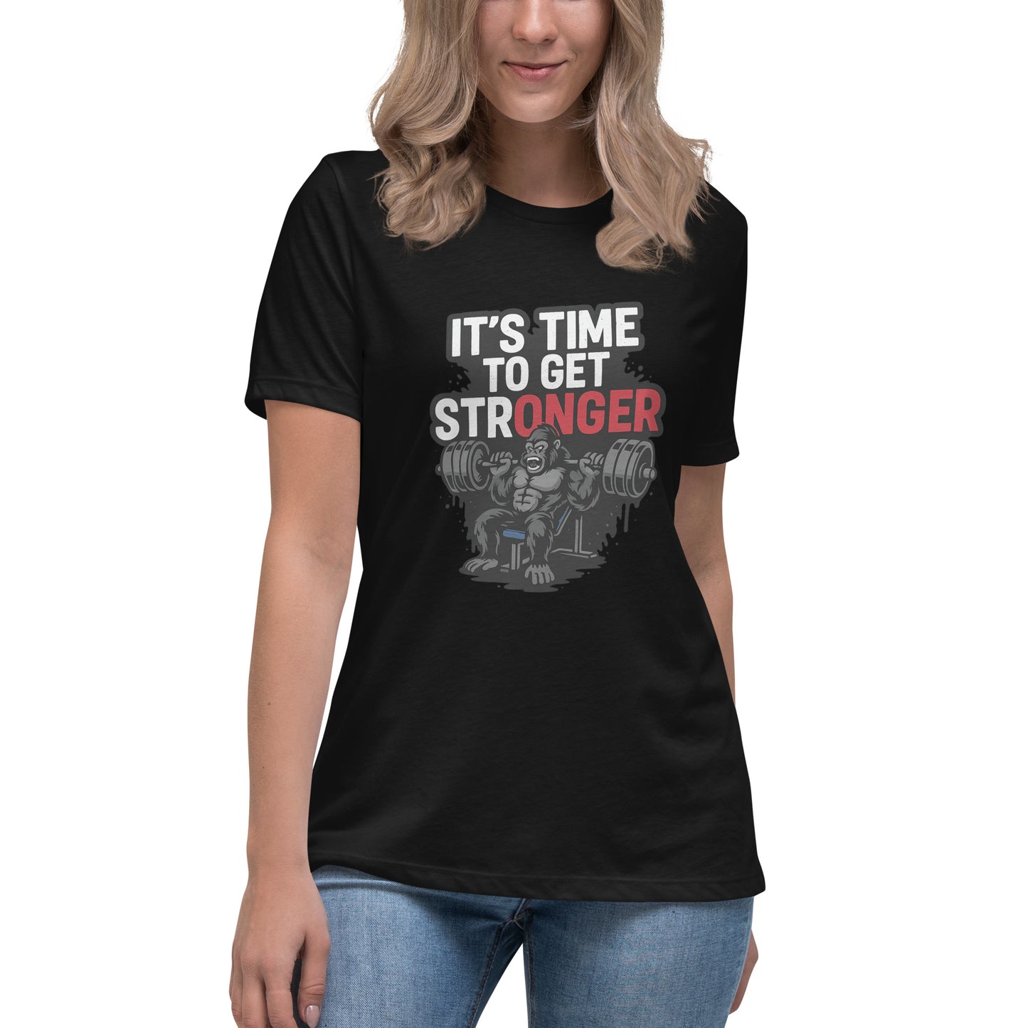 Gorilla bench pressing weights with ‘It’s Time to Get Stronger’ gym quote

