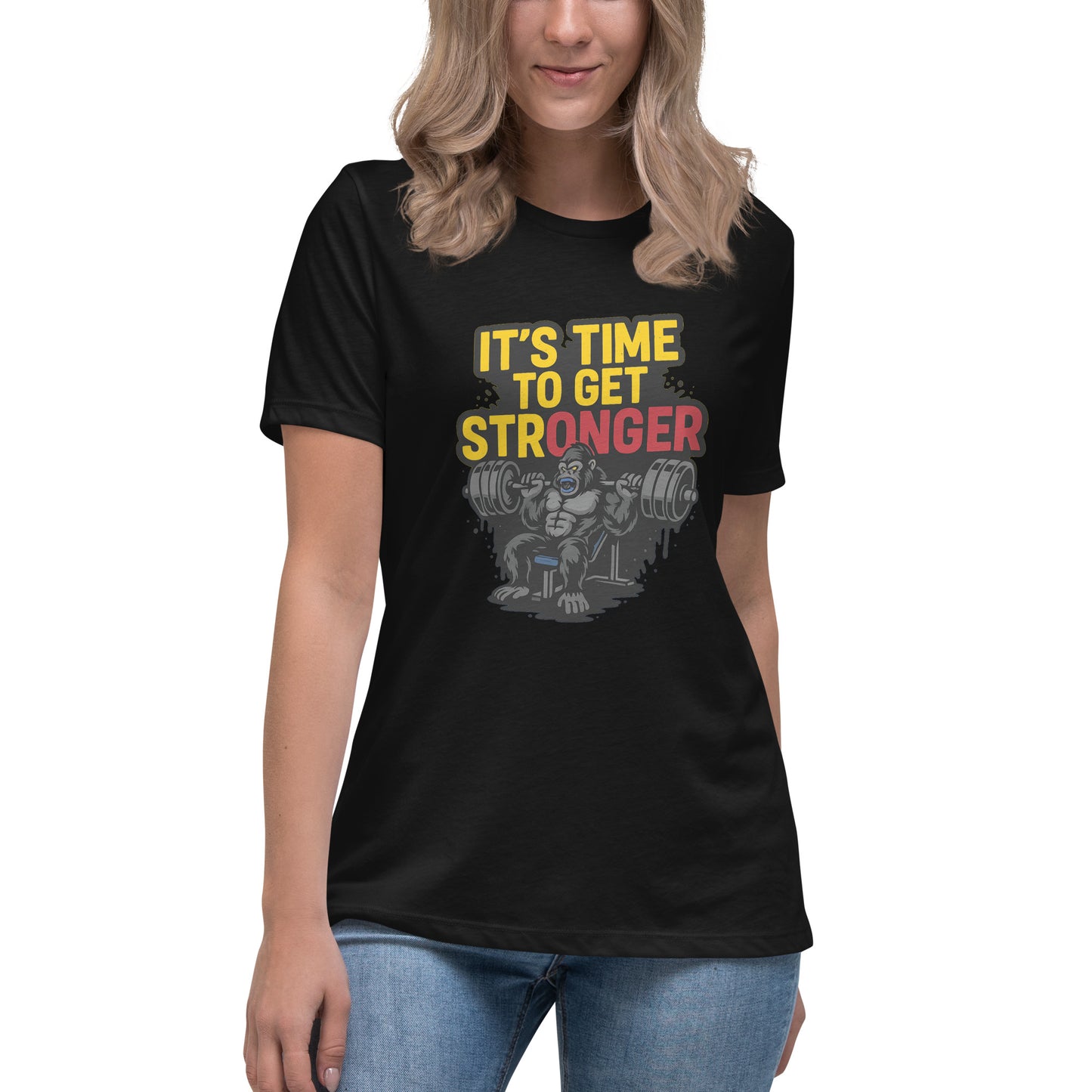 Angry gorilla lifting weights with 'It’s Time to Get Stronger' text design

