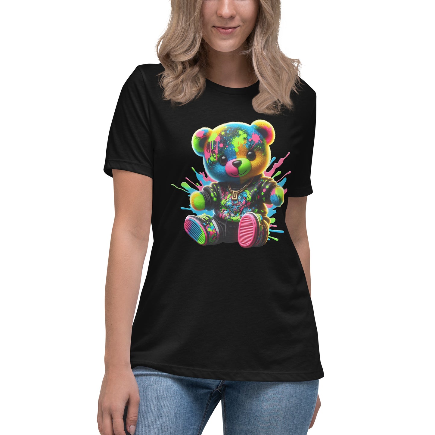 Neon Graffiti Teddy Bear streetwear t shirt with bright colourful design and graffiti style DTF print