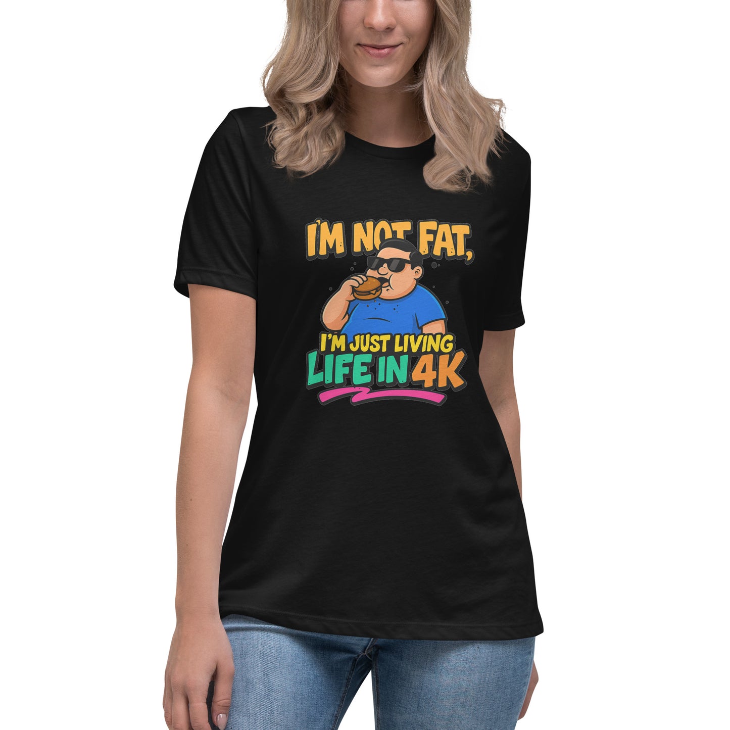 I’m Not Fat I’m Just Living Life in 4K funny novelty t shirt with cartoon design and burger graphic DTF print