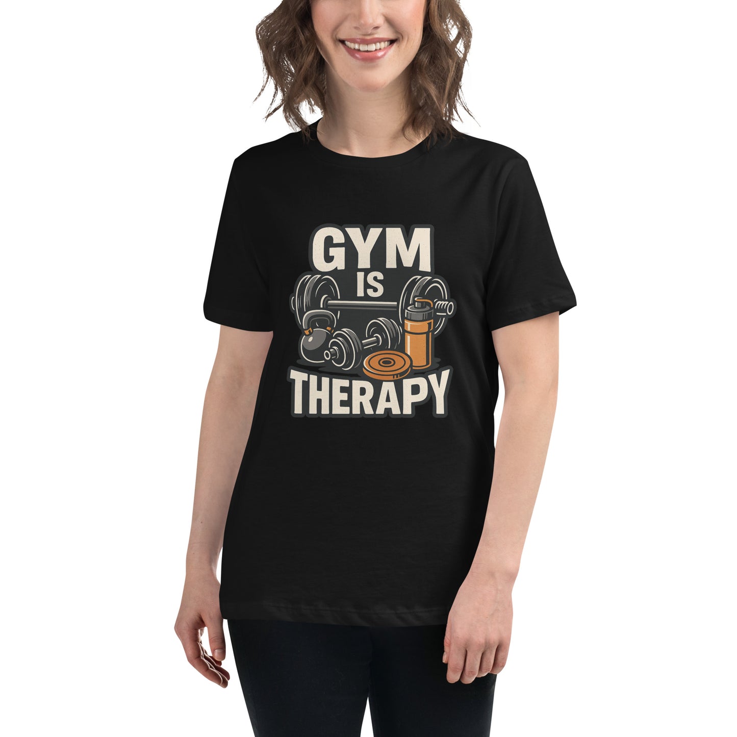 Gym Is Therapy motivational gym t shirt with dumbbell and barbell design DTF print