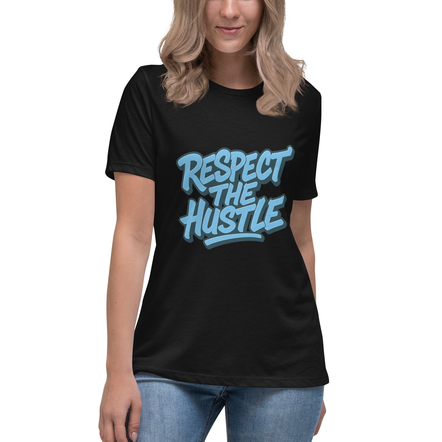 Girl wearing Streetwear respect the hustle t-shirt on black tee 