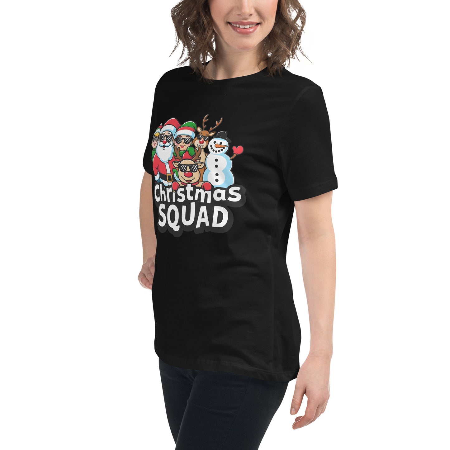 White t-shirt with Santa, reindeer, snowman, elves and text “Christmas Squad”

